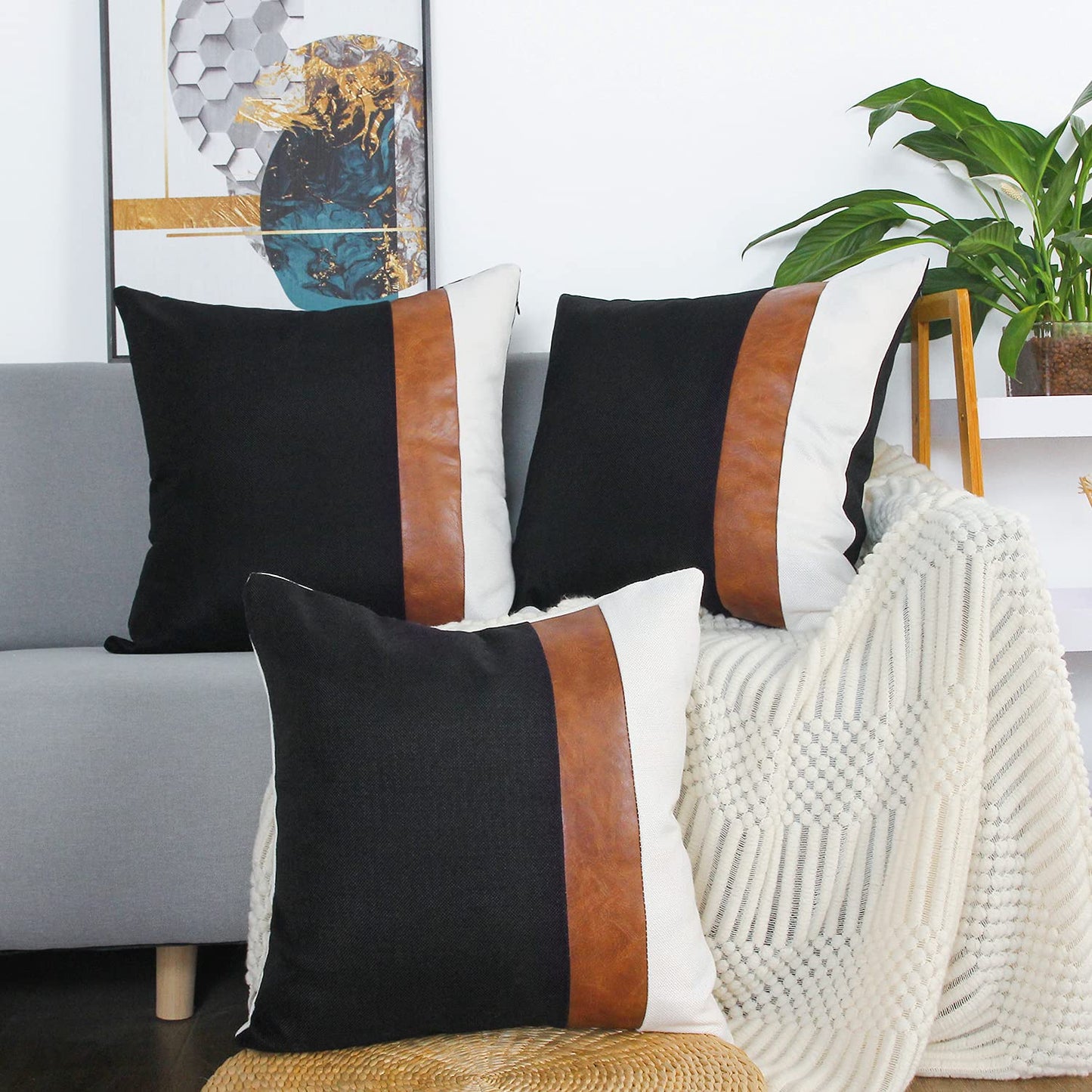 cygnus Set of 2 Faux Leather and Linen Throw Pillow Covers 18x18 Inch Black and White Modern Decorative Accent Cover