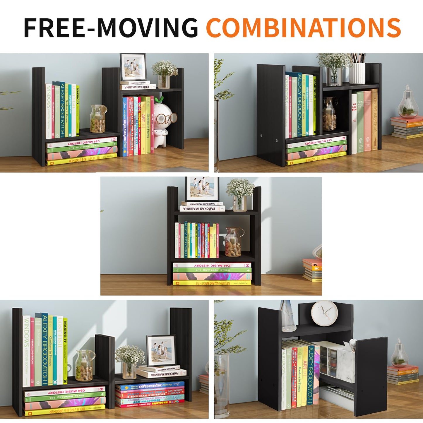 YSJILIDE Wood Adjustable Small Desktop Bookshelf, Expandable Storage Organizer