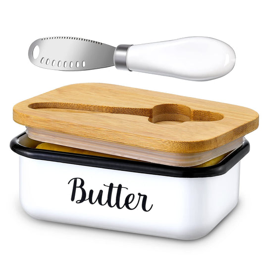 Butter Dish with Lid and Butter Curler Knife - Unbreakable Stainless Steel Keeper Container with Double Silicone Sealing, for Kitchen Farmhouse Decor