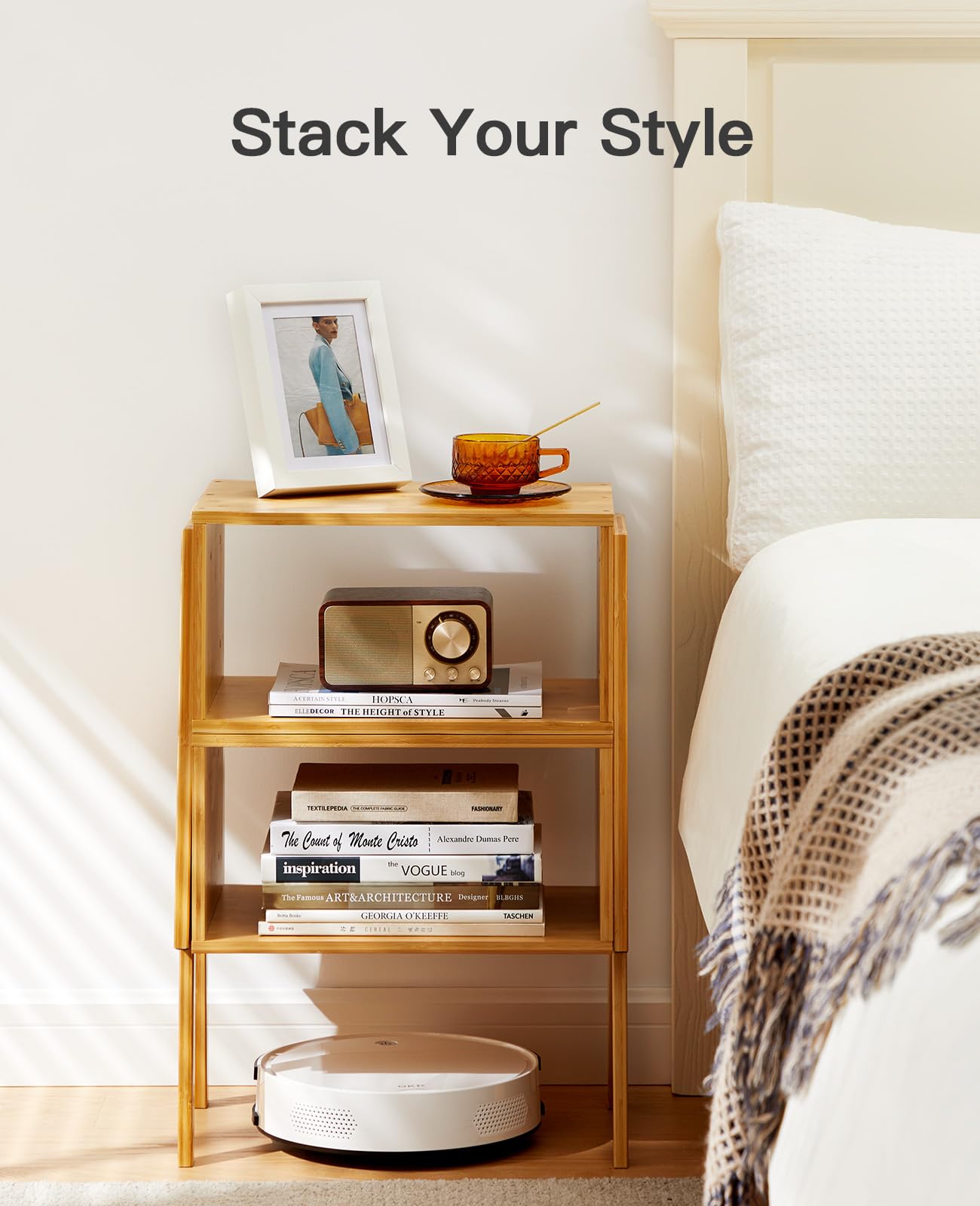 Pipishell Bamboo Stackable End Tables, Living Room Nightstand, Bedside Tables for Bedroom Storage, Set of 2