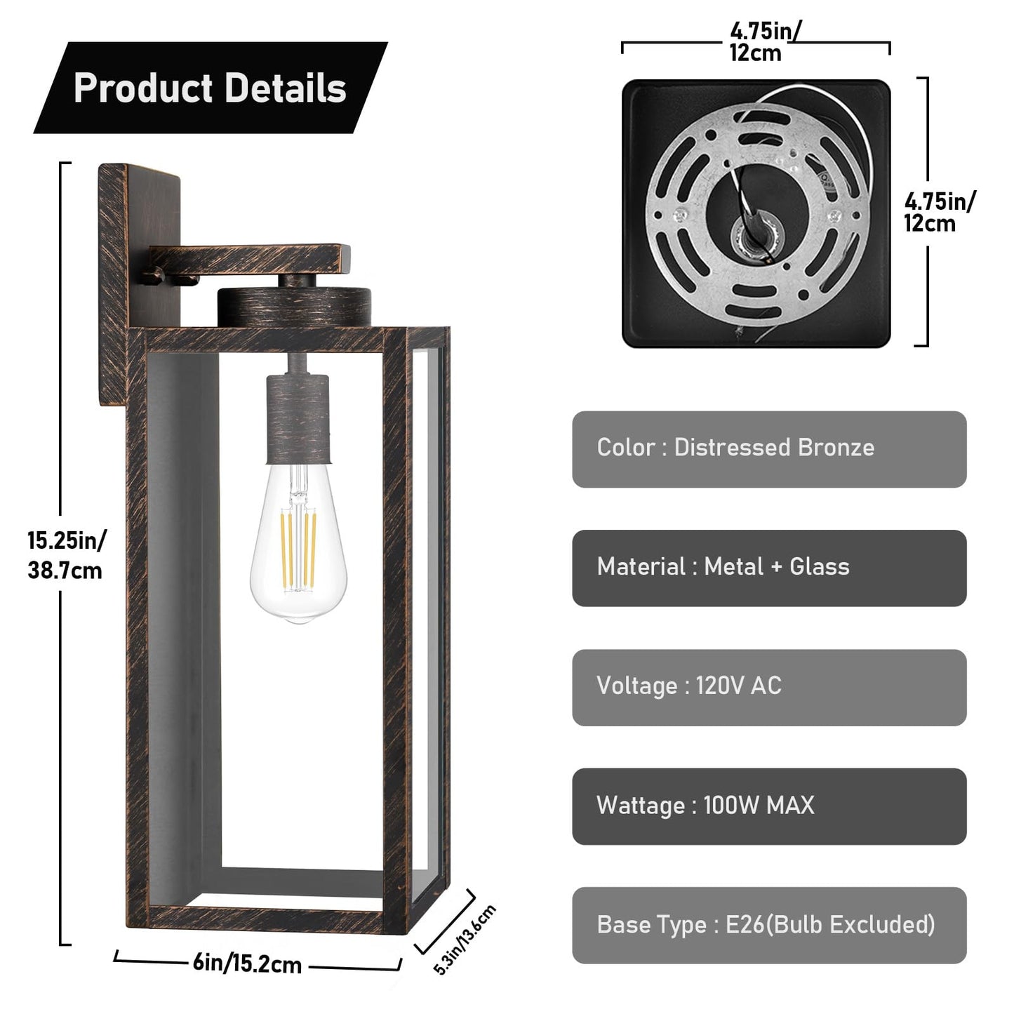 Outdoor Wall Light Fixtures, Exterior Waterproof Wall Lanterns, Porch Sconces Lighting with E26 Sockets & Glass Shades, Modern Matte Black Outside Lights for Patio Front Door Entryway Garage, 2-Pack