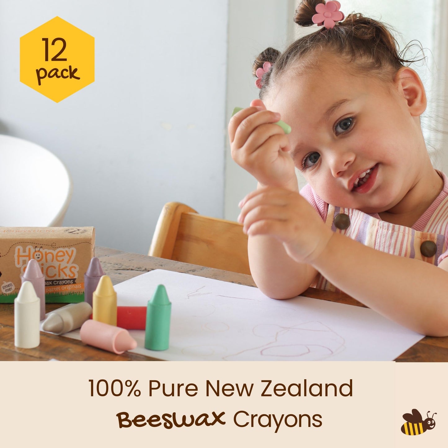 Honeysticks 100% Pure Beeswax Crayons (12 Pack) - Non Toxic Crayons, Safe for Babies and Toddlers, for 1 Year Plus, Handmade in New Zealand with Natural Beeswax, Food-Grade Colors, Eco-Friendly