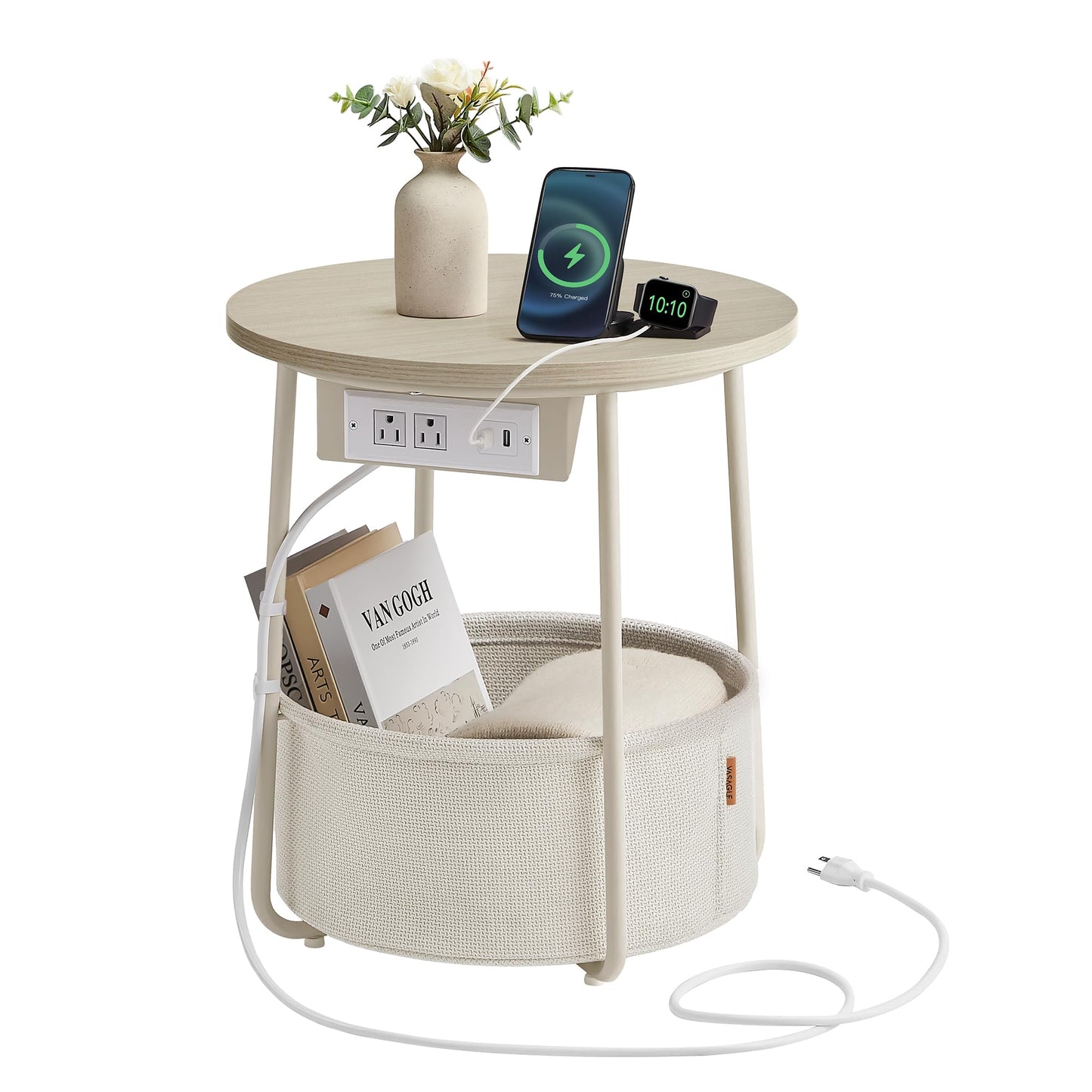 VASAGLE Side Table with Charging Station, Round End Table With Fabric Basket, Nightstand with Power Outlets USB Ports, for Living Room, Bedroom, Modern, Ebony Black and Slate Gray ULET228B01