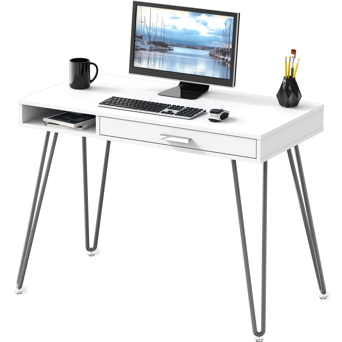 SHW Home Office Computer Hairpin Leg Desk with Drawer, Rustic Brown