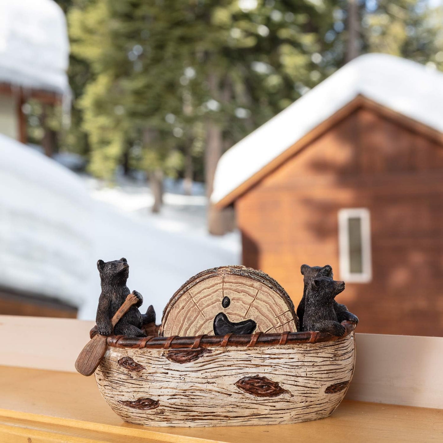 Bear Coasters Set of 6 Full Size Rustic Coasters in Handmade Canoe with Adorable Black Bear Figurines | Black Bear Log Cabin Decorations