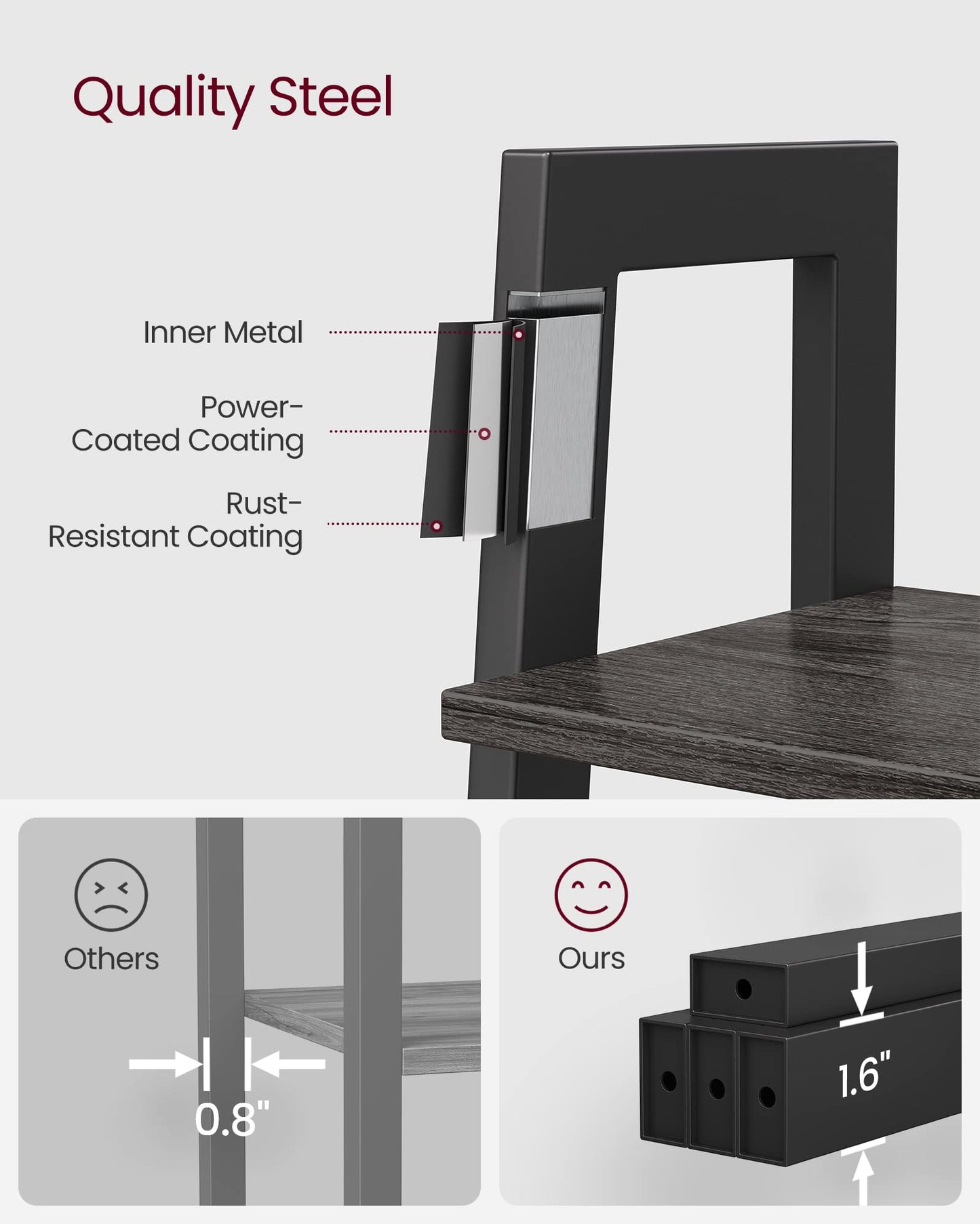 VASAGLE Ladder Shelf, 5-Tier Bookshelf, Storage Rack, Bookcase with Steel Frame, for Living Room, Home Office