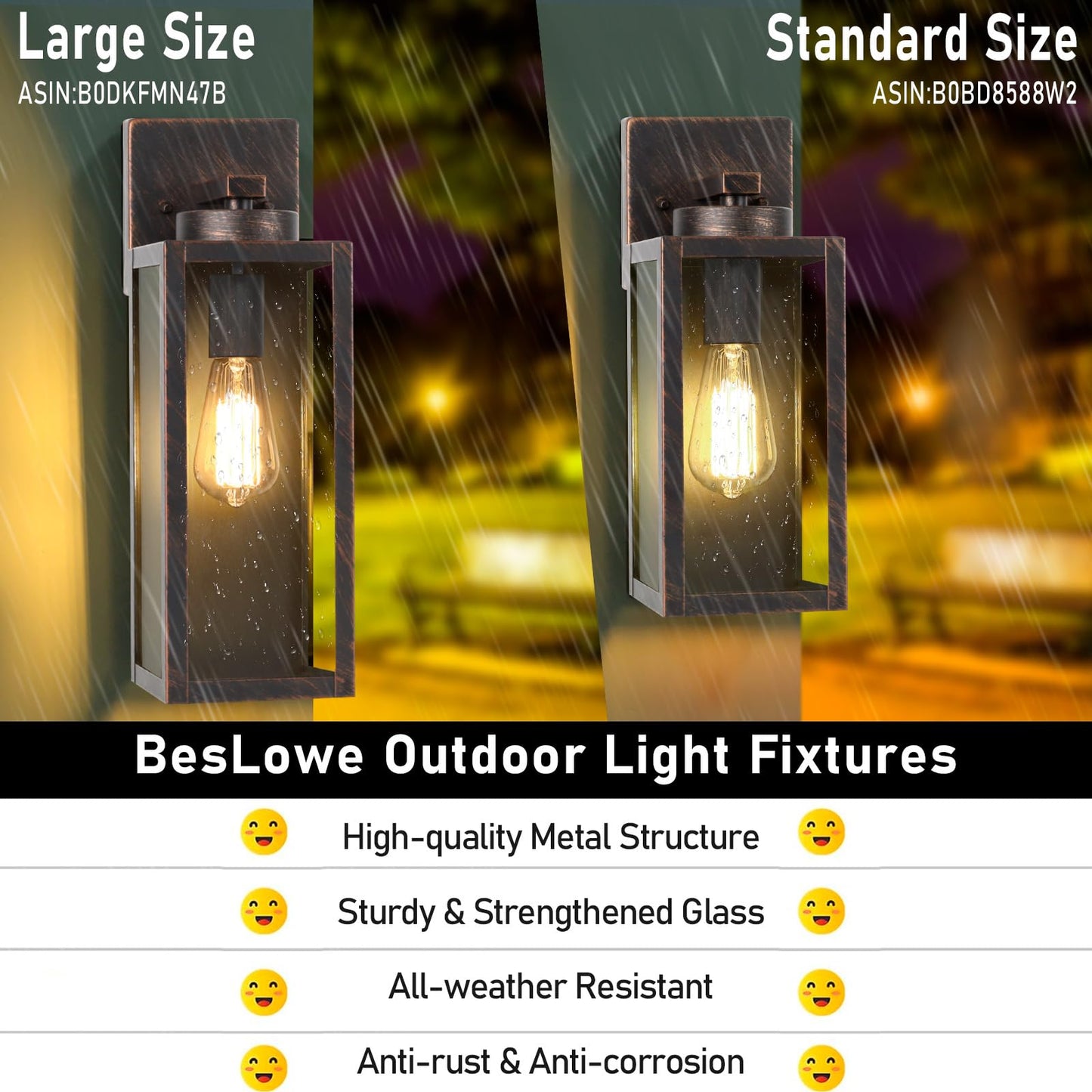 Outdoor Wall Light Fixtures, Exterior Waterproof Wall Lanterns, Porch Sconces Lighting with E26 Sockets & Glass Shades, Modern Matte Black Outside Lights for Patio Front Door Entryway Garage, 2-Pack