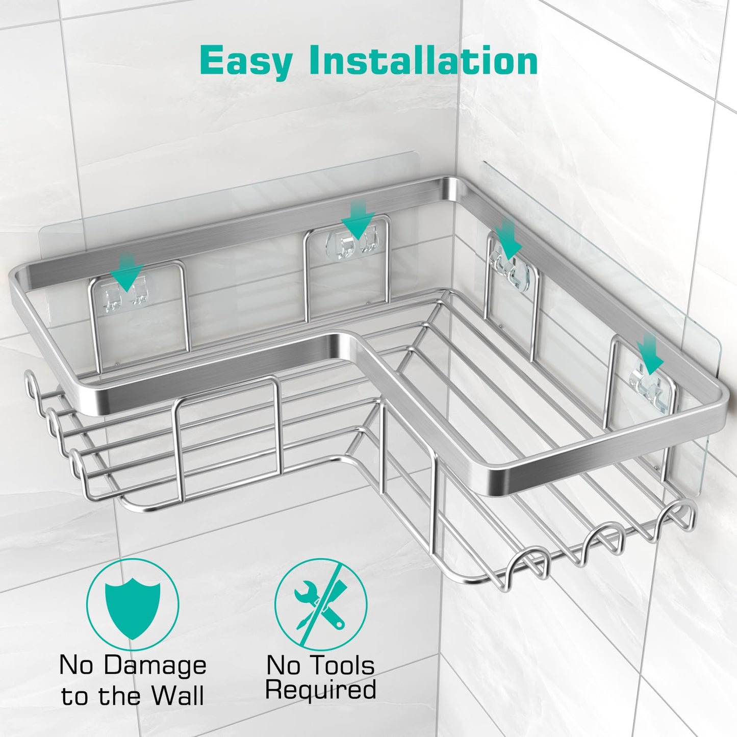 YASONIC Corner Adhesive Shower Caddy, with Soap Holder and 12 Hooks, Rustproof Stainless Steel Bathroom Organizer, No Drilling Wall Mounted Rack, Black, 3-Pack