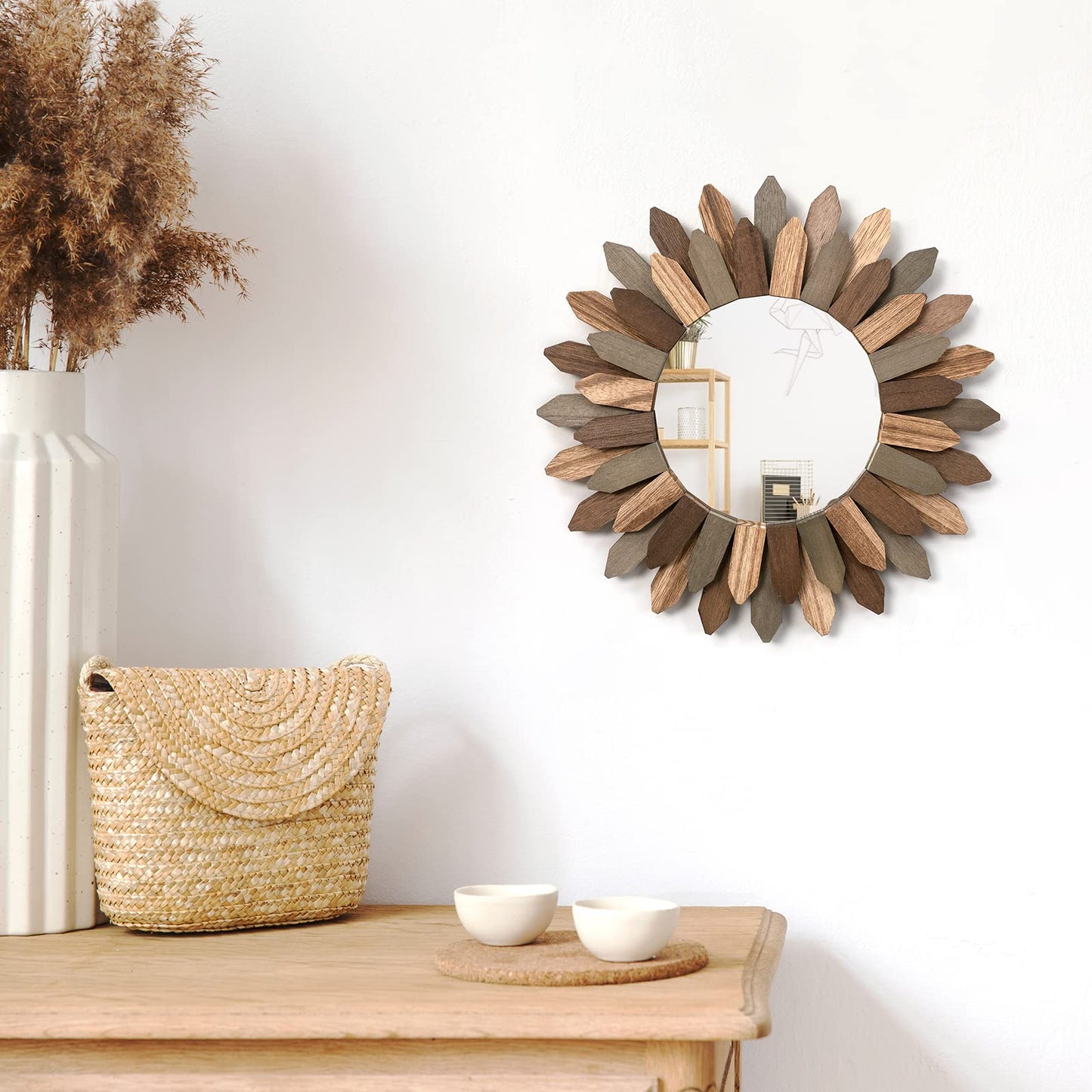 Honiway Wall Mirror Decorative 12 inch Rustic Wood Mirror Sunburst Boho Mirror for Entryway Bedroom Living Room Bathroom House Warming Gifts New Home Essential Carbonized Black