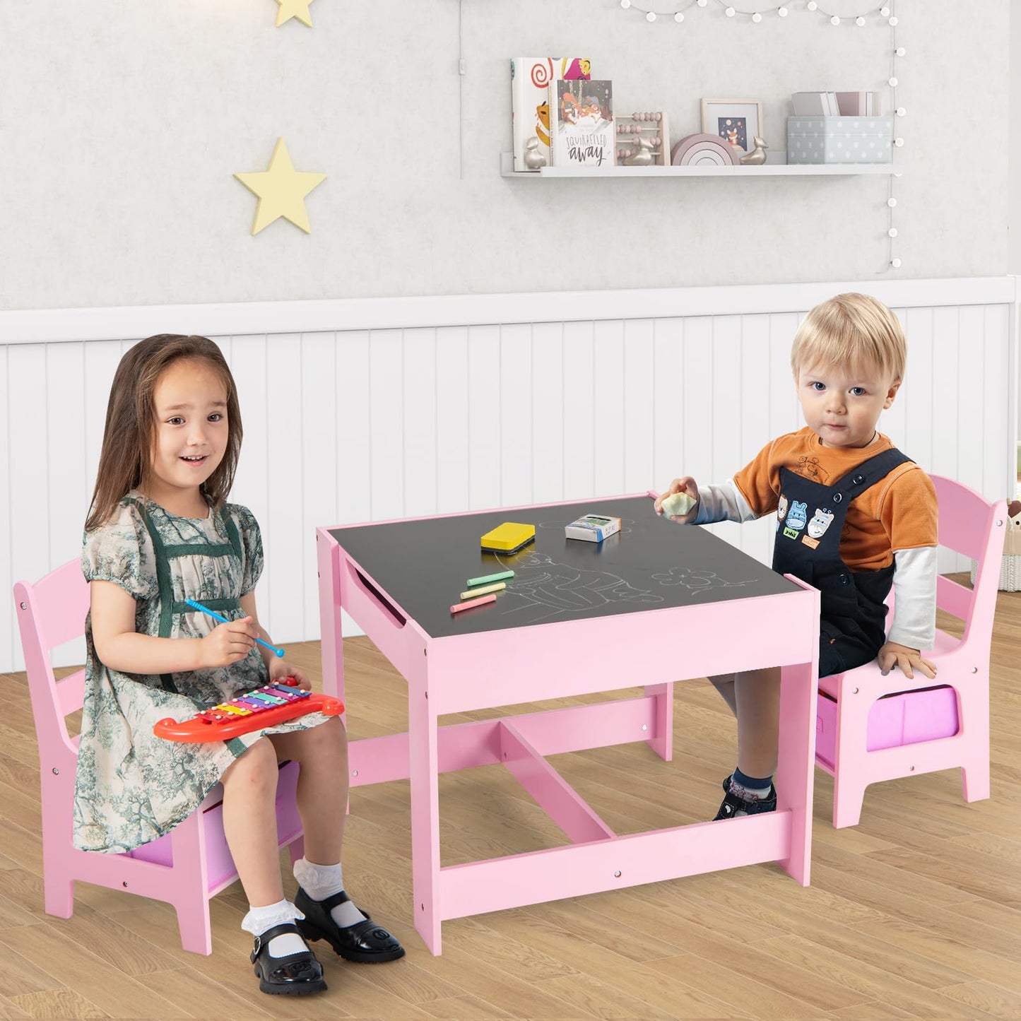Costzon Kids Table and Chairs, 4 in 1 Wooden Activity Desk Set w/Reversible Tabletop, Bookshelves & Storage Drawers for Drawing, Reading, Crafts, Playing, Toddler Table and Chair Set