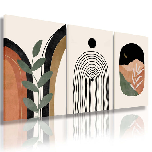 Sage Green Wall Posters & Prints, Green Boho Wall Art Set of 3, Minimalist Framed Wall Art Geometric Line Leaf Sun Moon Beige Green