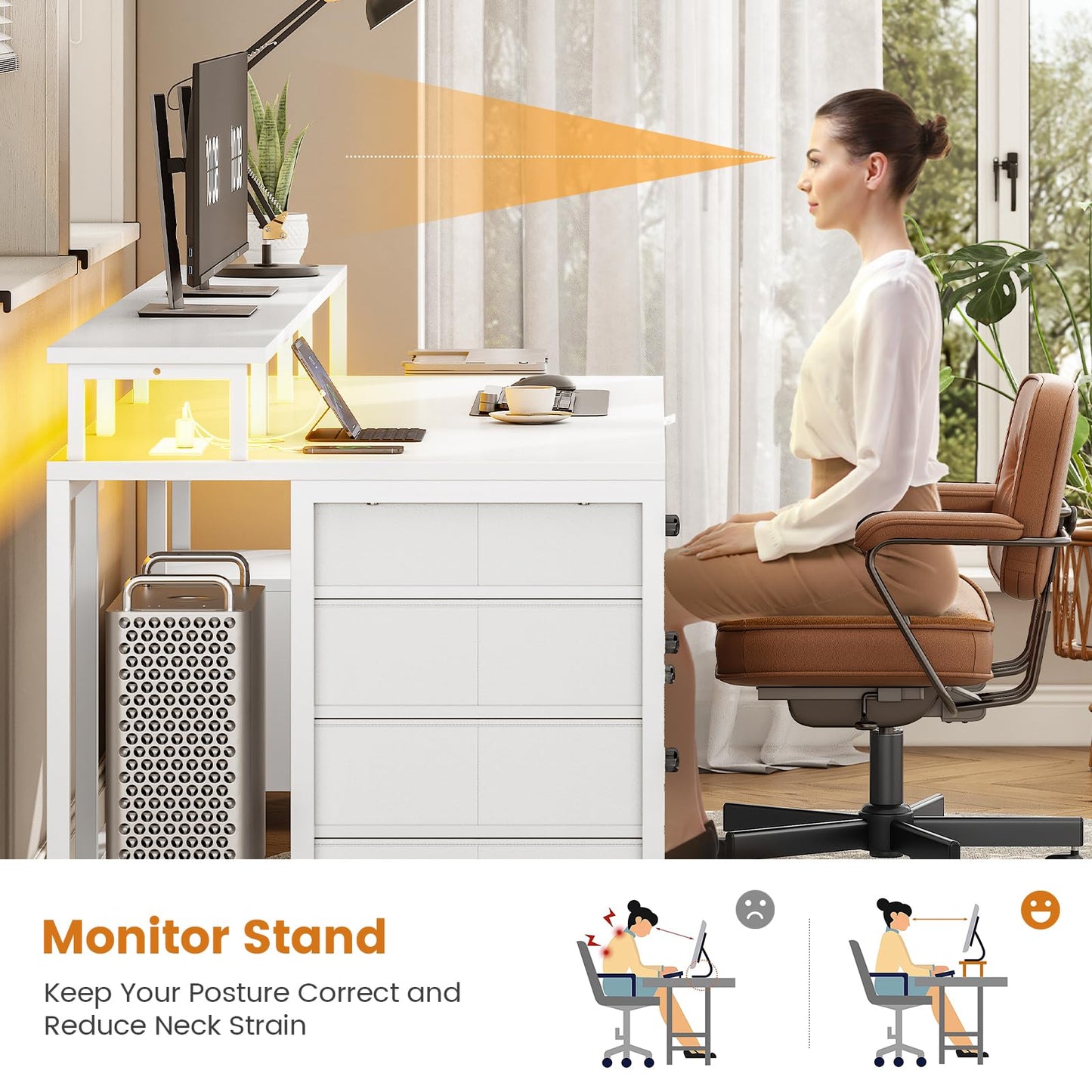 SEDETA Home Office Desk with File Drawer & Power Outlet, 66'' Computer Desk with 5 Drawer, Storage Shelves, Printer Cabinet and Monitor Shelf, Gaming Desk with Led Lights, Rustic Brown