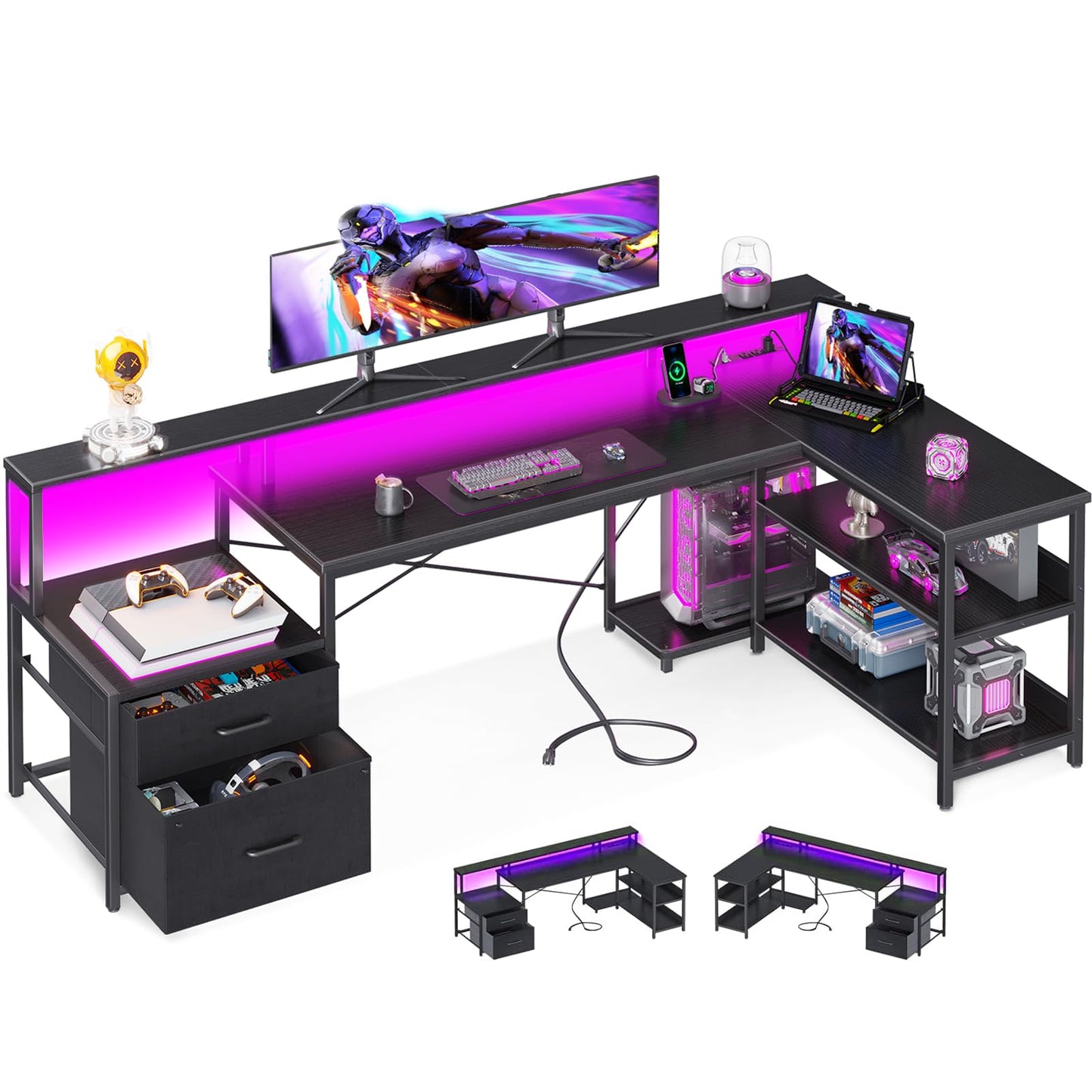ODK L Shaped Desk with File Drawer, 75" Reversible L Shaped Computer Desk with Power Outlet & LED Strip, Office Desk with Storage Shelves, Gaming Desks with Monitor Shelf, Corner Table, Grey Oak