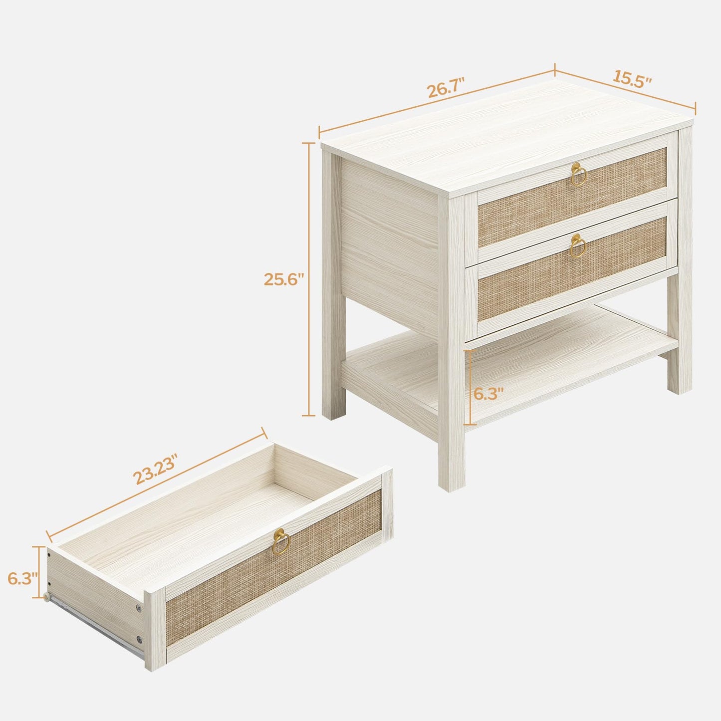 SICOTAS Night Stand Set of 2, Large Nightstand with Drawers and Storage Shelf - Rattan Boho Bedside Table Narrow Side Table for Bedroom, Small Space