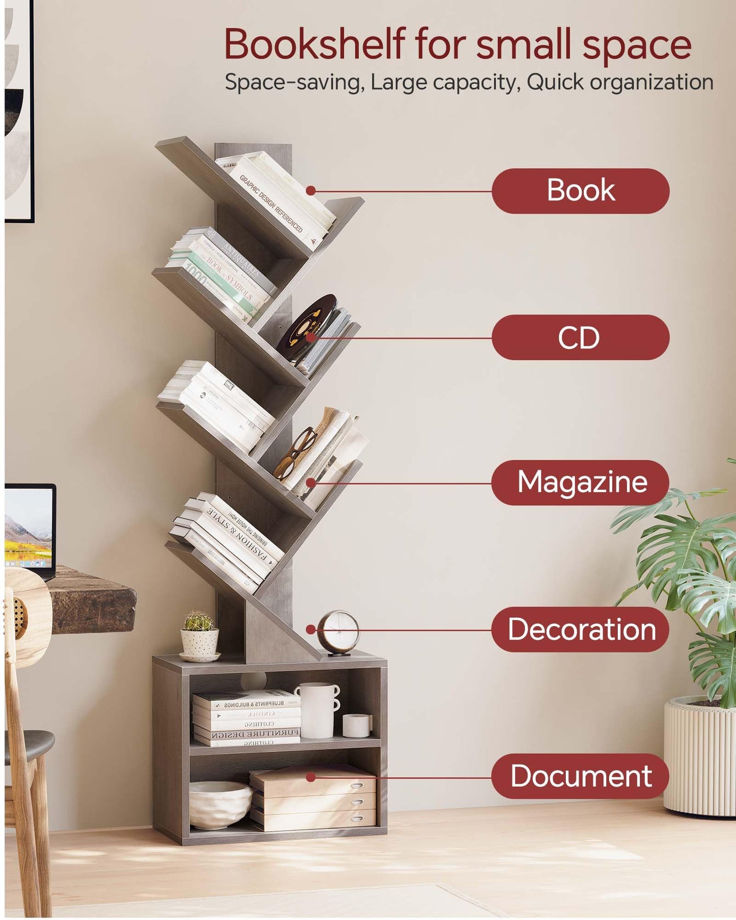 SUNMORY 6 Tier Tree Bookshelf, Small Bookcase with Storage Cabinet, Modern Tall Narrow Bookshelves Organizer, Floor Standing Book Shelf