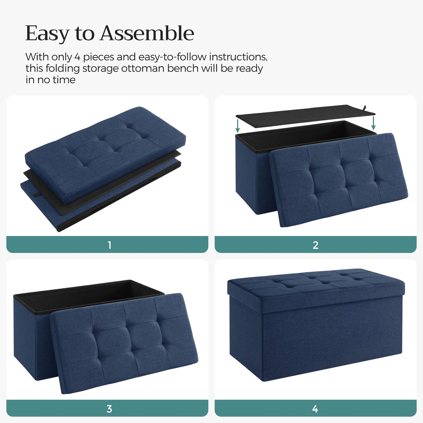 SONGMICS MAZIE Collection - 43 Inches Folding Storage Ottoman Bench, Ottoman Foot Rest, End of Bed Bench, Storage Chest, Load 660 lb, for Living Room, Bedroom, Entryway, Midnight Blue ULSF77IN