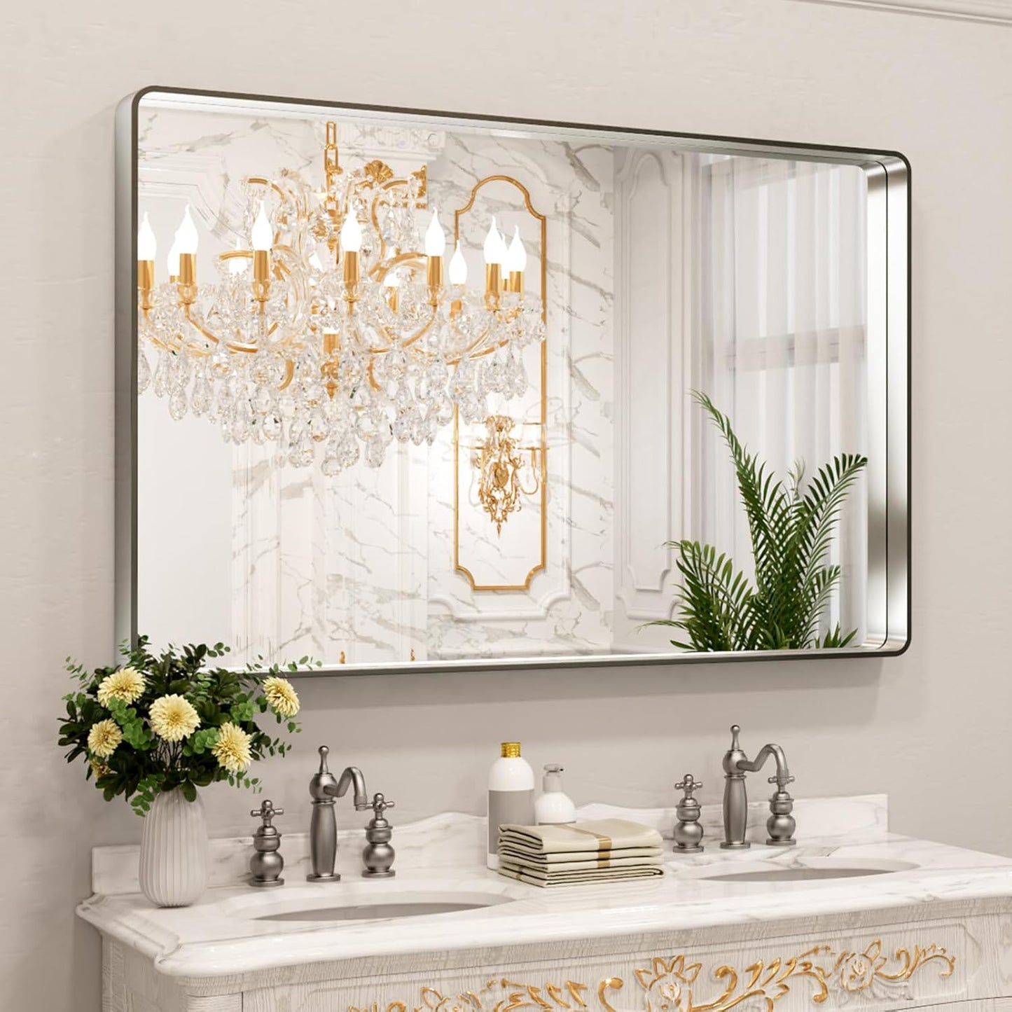 LOAAO Black Metal Framed Bathroom Mirror for Wall, 24X36 Inch Rounded Rectangle Mirror, Matte Black Bathroom Vanity Mirror Farmhouse, Anti-Rust, Hangs Horizontally or Vertically