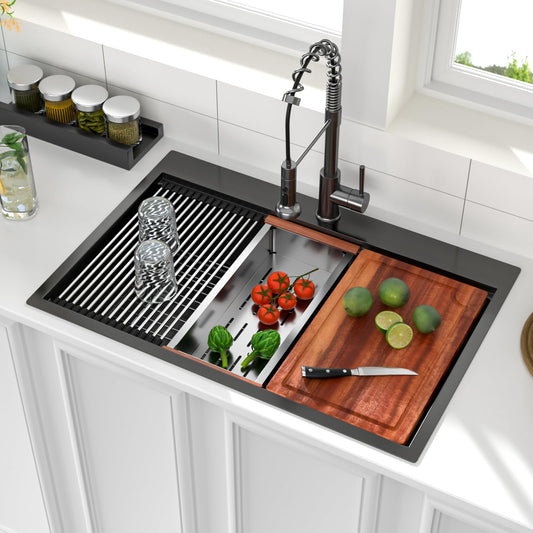 Logmey 33x22 Drop In Kitchen Sink Workstation Black Kitchen Sink SUS304 16 Gauge Stainless Steel Single Bowl Top Mount Gunmetal Black Stainless Steel Sinks
