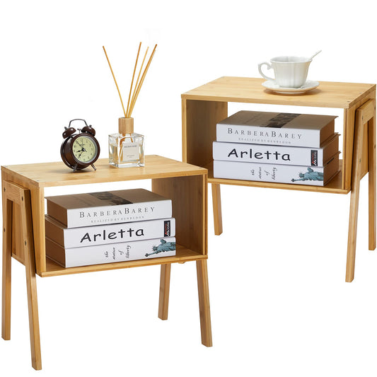 Pipishell Bamboo Stackable End Tables, Living Room Nightstand, Bedside Tables for Bedroom Storage, Set of 2