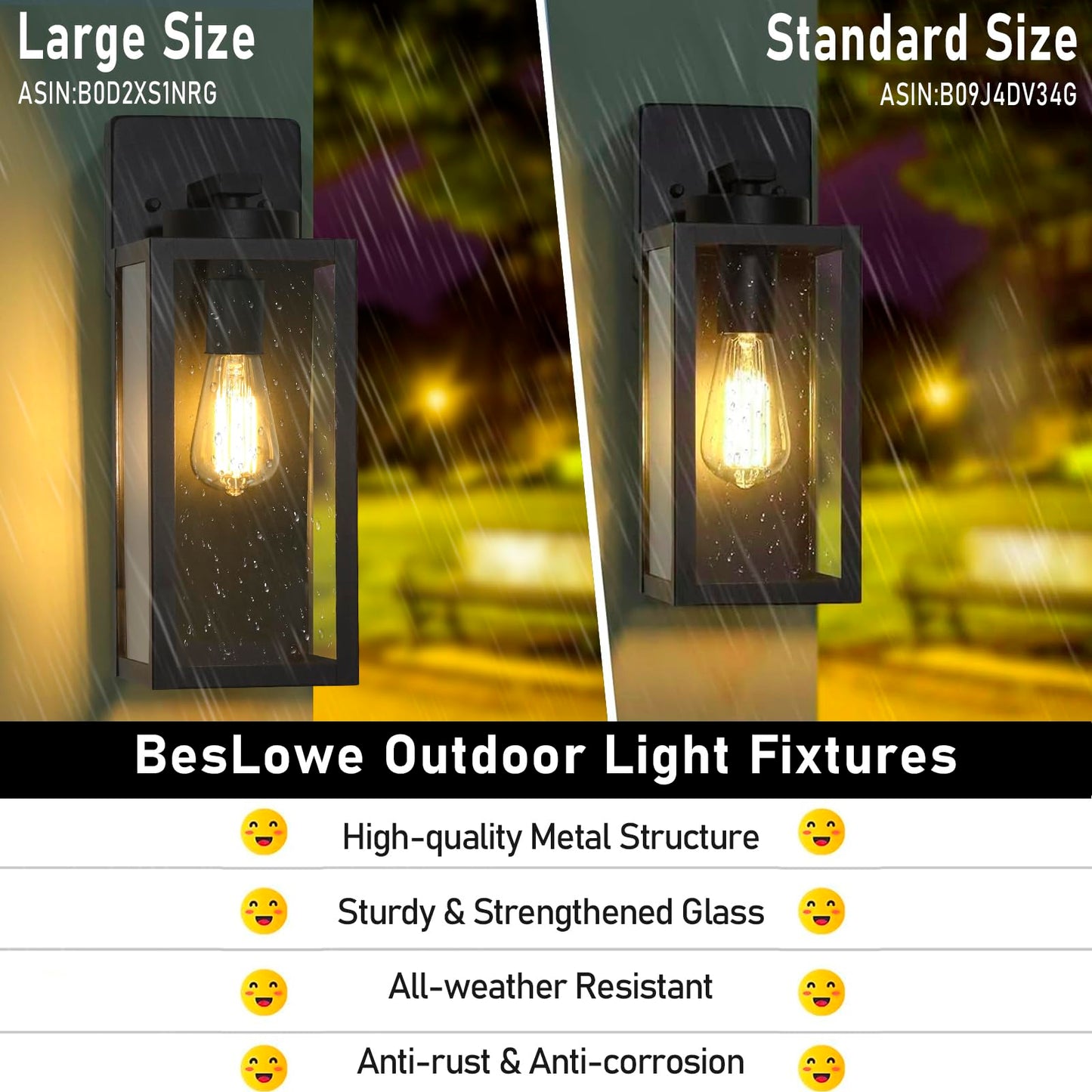 Outdoor Wall Light Fixtures, Exterior Waterproof Wall Lanterns, Porch Sconces Lighting with E26 Sockets & Glass Shades, Modern Matte Black Outside Lights for Patio Front Door Entryway Garage, 2-Pack