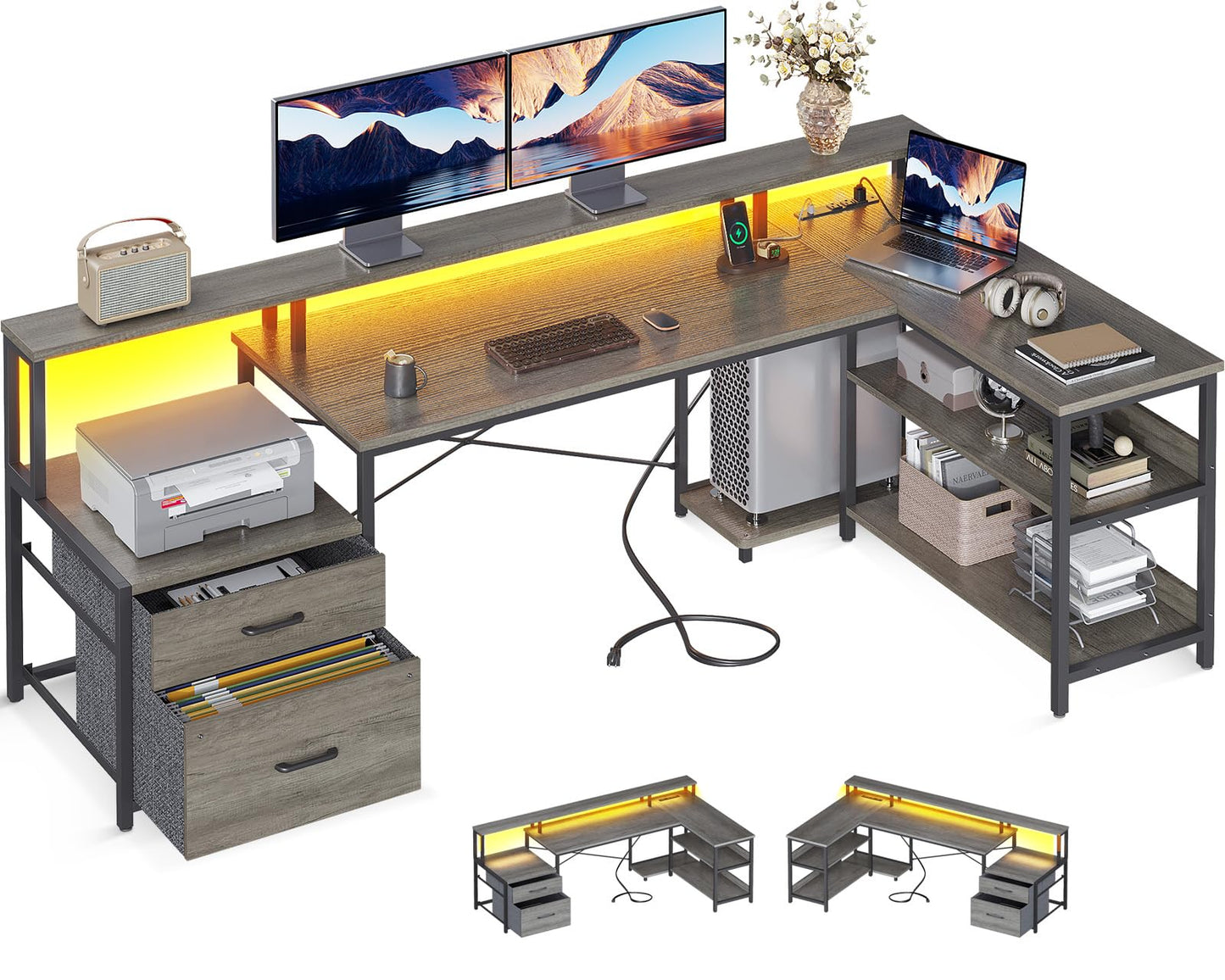 ODK L Shaped Desk with File Drawer, 75" Reversible L Shaped Computer Desk with Power Outlet & LED Strip, Office Desk with Storage Shelves, Gaming Desks with Monitor Shelf, Corner Table, Grey Oak