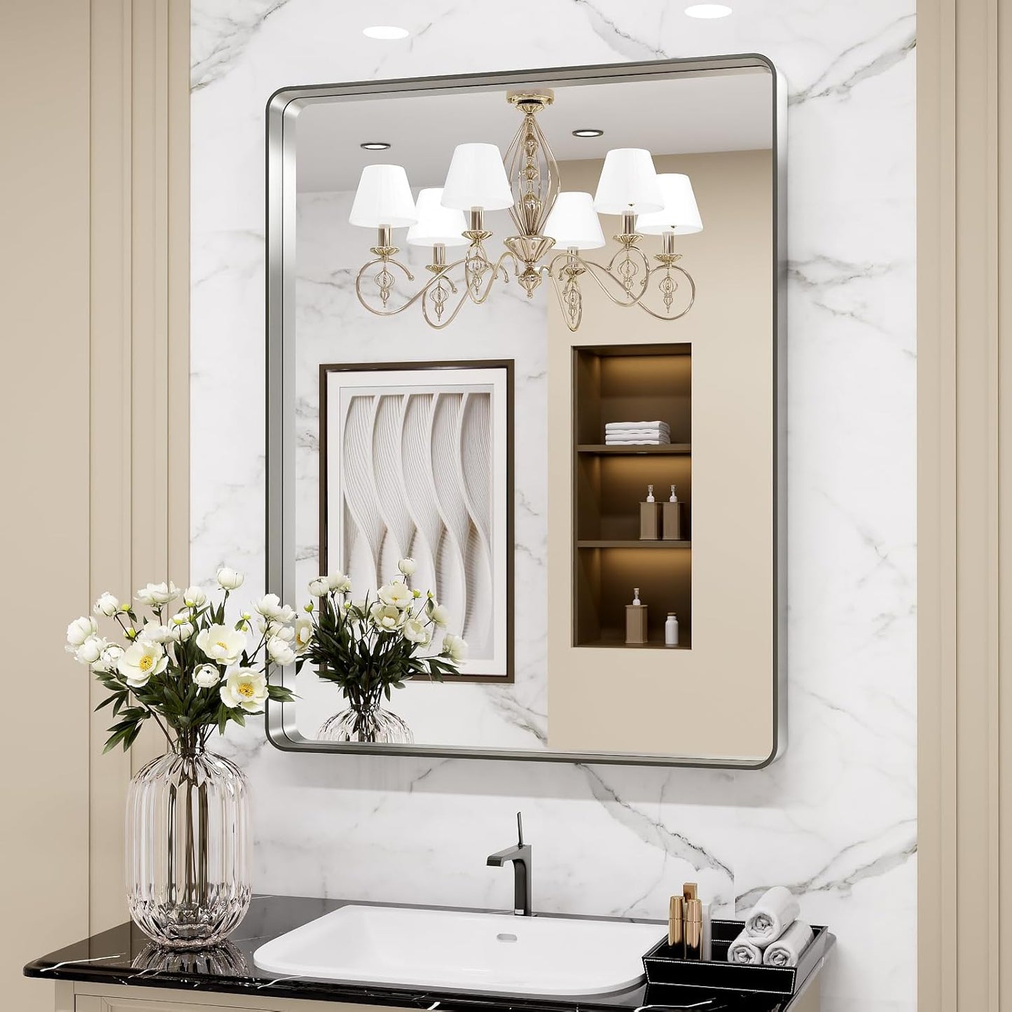 LOAAO Black Metal Framed Bathroom Mirror for Wall, 24X36 Inch Rounded Rectangle Mirror, Matte Black Bathroom Vanity Mirror Farmhouse, Anti-Rust, Hangs Horizontally or Vertically