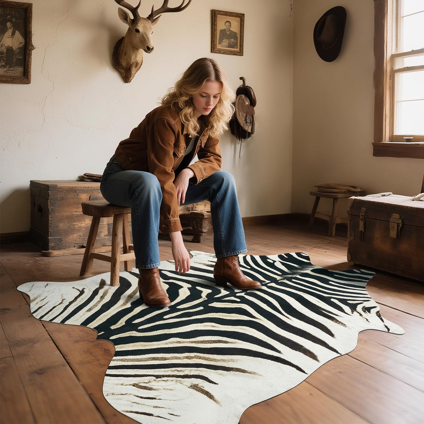 AROGAN Premium Faux Cowhide Rug 4.6 x 5.2 Feet, Sturdy and Large Size Cow Print Rugs, Suitable for Bedroom Living Room Western Decor