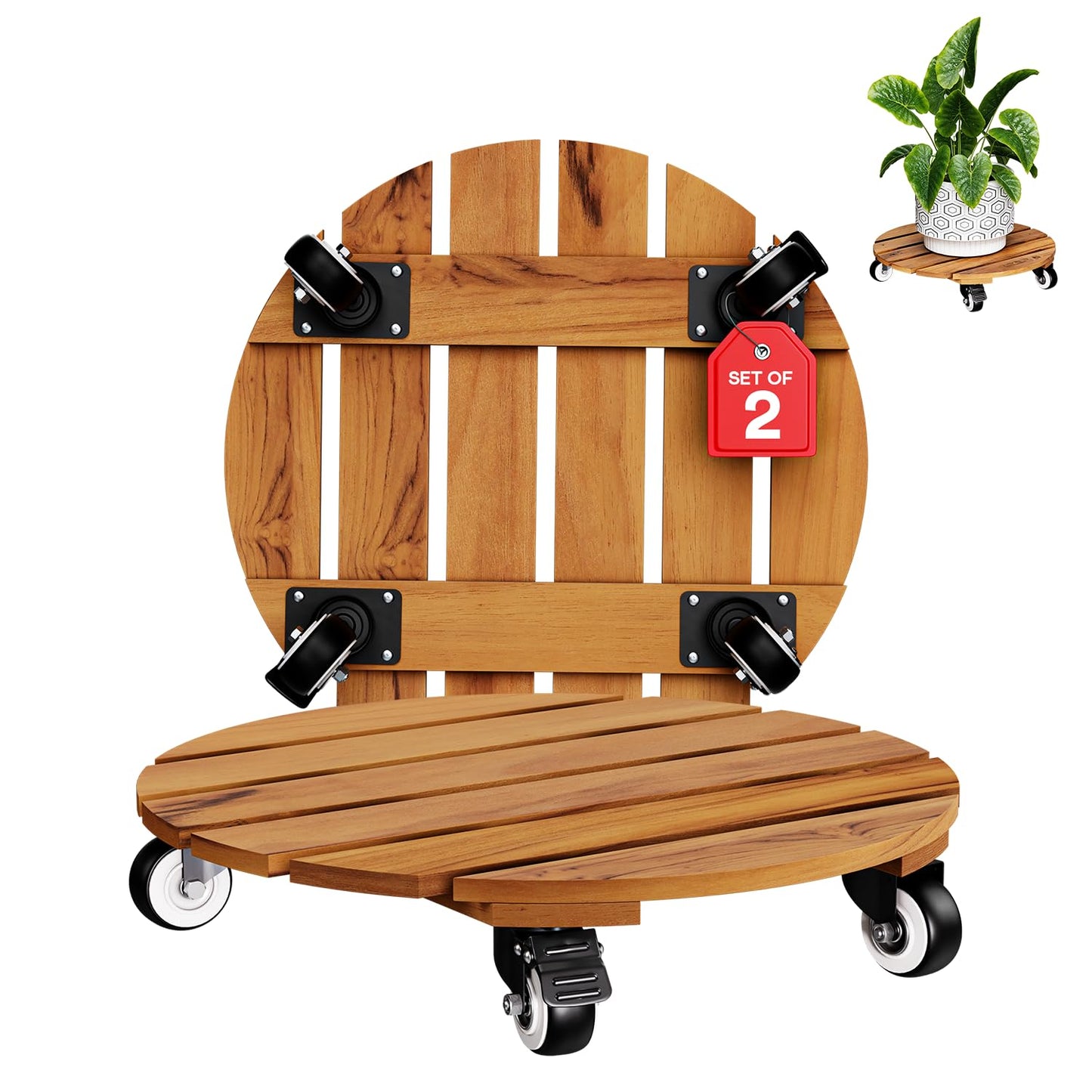 2pack Wood Plant Caddy With Wheels Heavy Duty Red Brown, 264 Lbs Capacity, 12 Inch Acacia Hardwood Plant Dolly, Plant Stand with 360° Lockable Wheels for Plant Pots, Heavy Objects Hauling