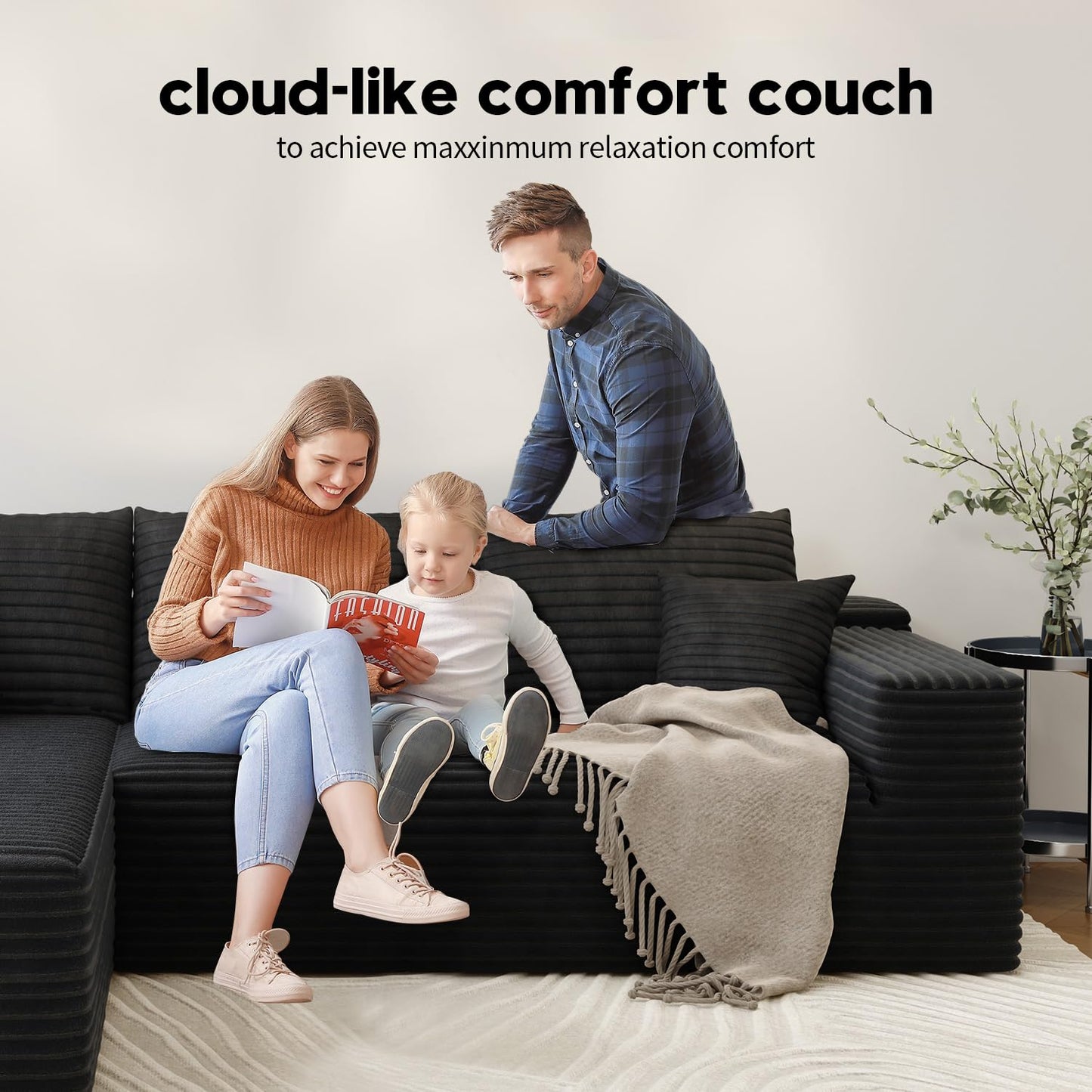 107.5" Cloud Modular Sectional Sofa with 1 Ottoman,Modern Minimalist Upholstered Couches, Comfort U Shaped Sofa for Living Room,Deep Seat Corner Couch，No Assembly Required (Black,Left Facing Chaise)