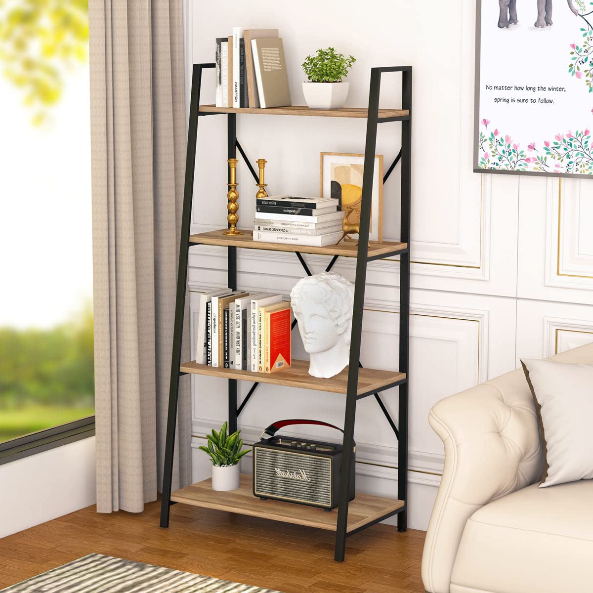 BON AUGURE Ladder Bookshelf, 4 Tier Ladder Shelf Bookcase, Wood Leaning Book Shelves for Living Room, Bedroom, Home Office Shelving Unit (Dark Grey Oak)