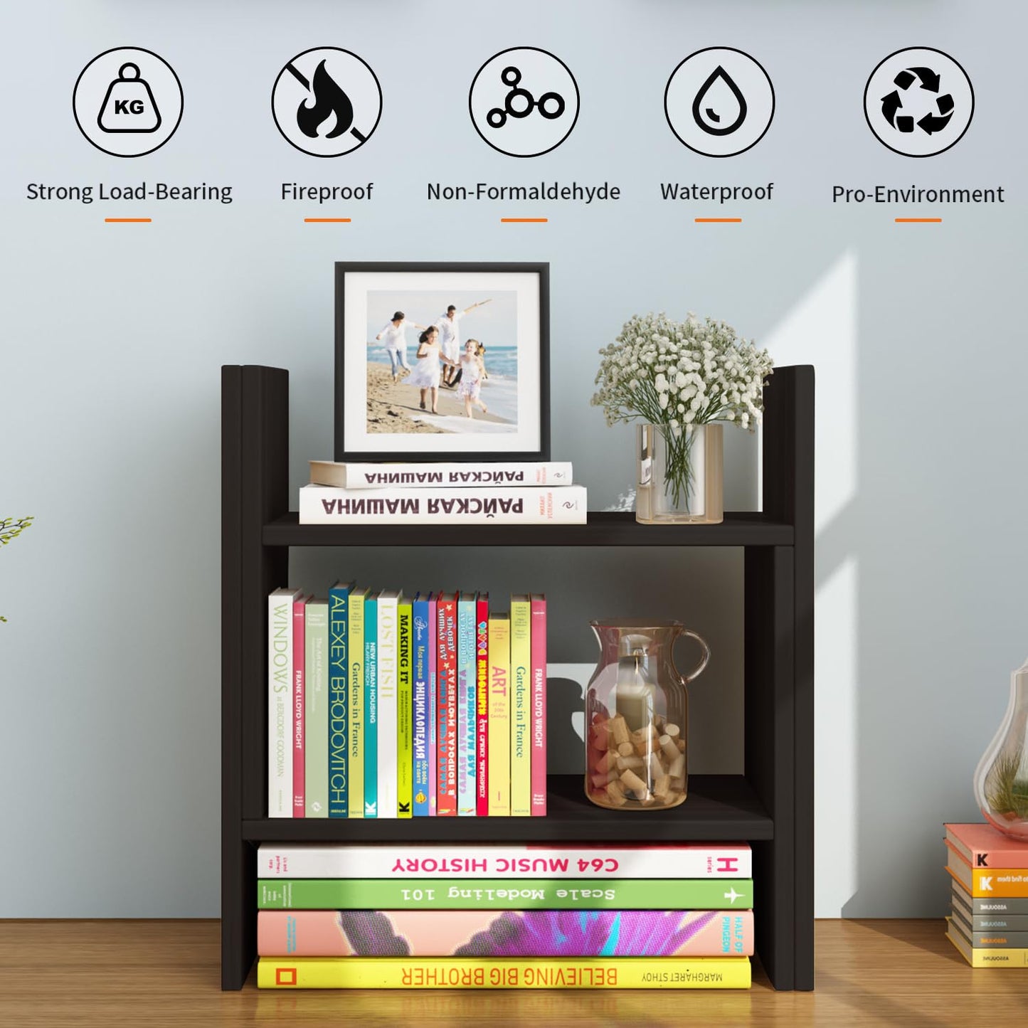 YSJILIDE Wood Adjustable Small Desktop Bookshelf, Expandable Storage Organizer