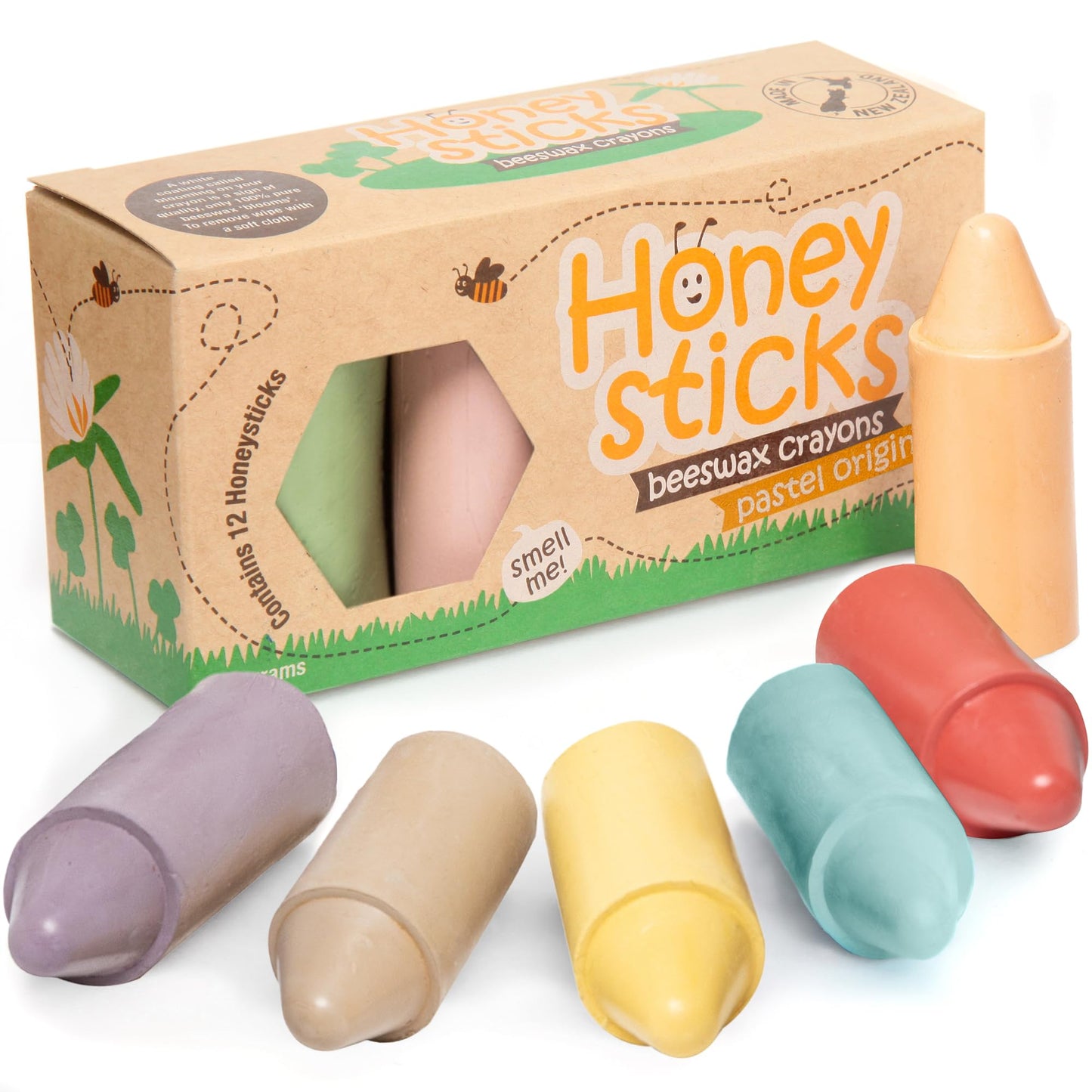 Honeysticks 100% Pure Beeswax Crayons (12 Pack) - Non Toxic Crayons, Safe for Babies and Toddlers, for 1 Year Plus, Handmade in New Zealand with Natural Beeswax, Food-Grade Colors, Eco-Friendly