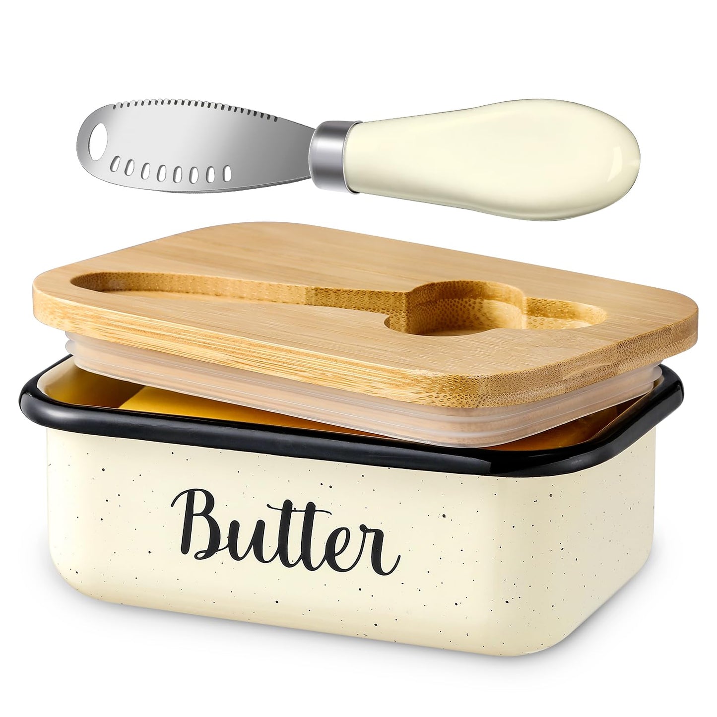 Butter Dish with Lid and Butter Curler Knife - Unbreakable Stainless Steel Keeper Container with Double Silicone Sealing, for Kitchen Farmhouse Decor
