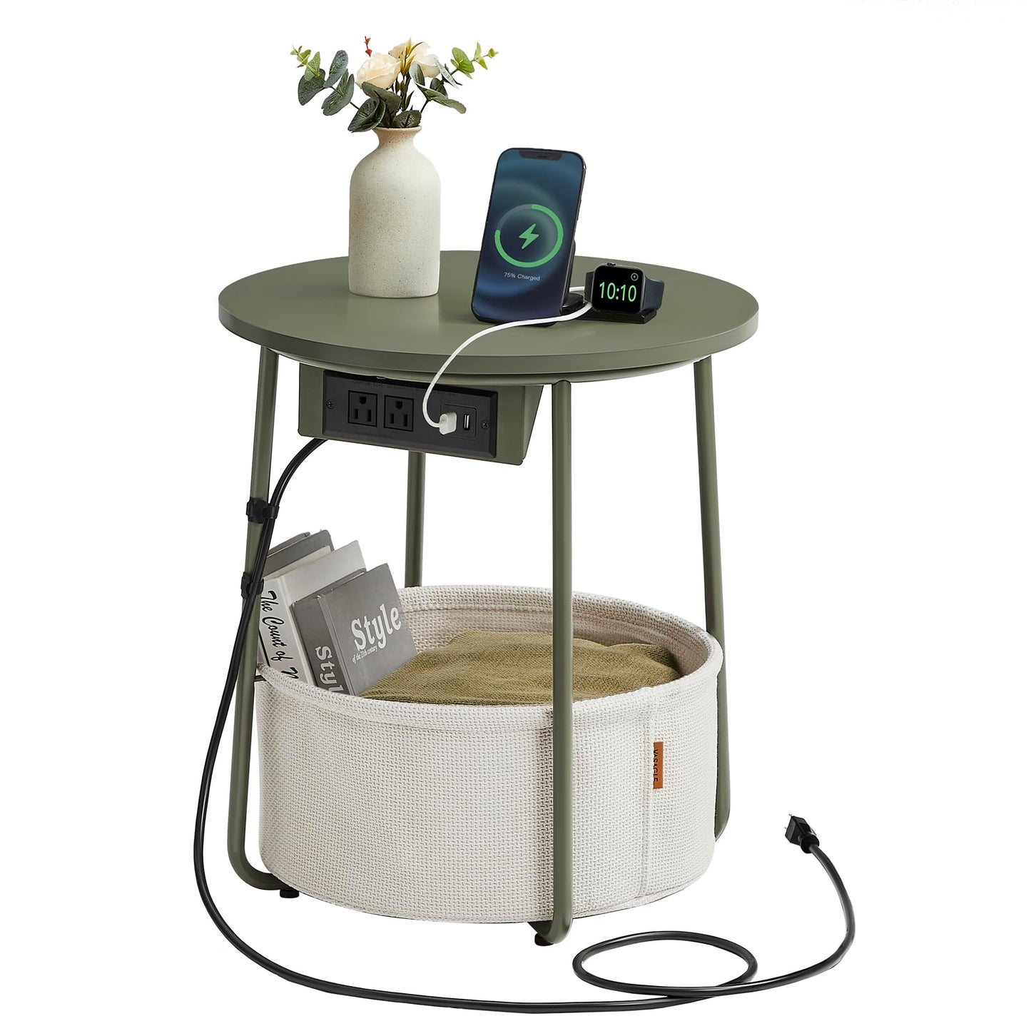 VASAGLE Side Table with Charging Station, Round End Table With Fabric Basket, Nightstand with Power Outlets USB Ports, for Living Room, Bedroom, Modern, Ebony Black and Slate Gray ULET228B01