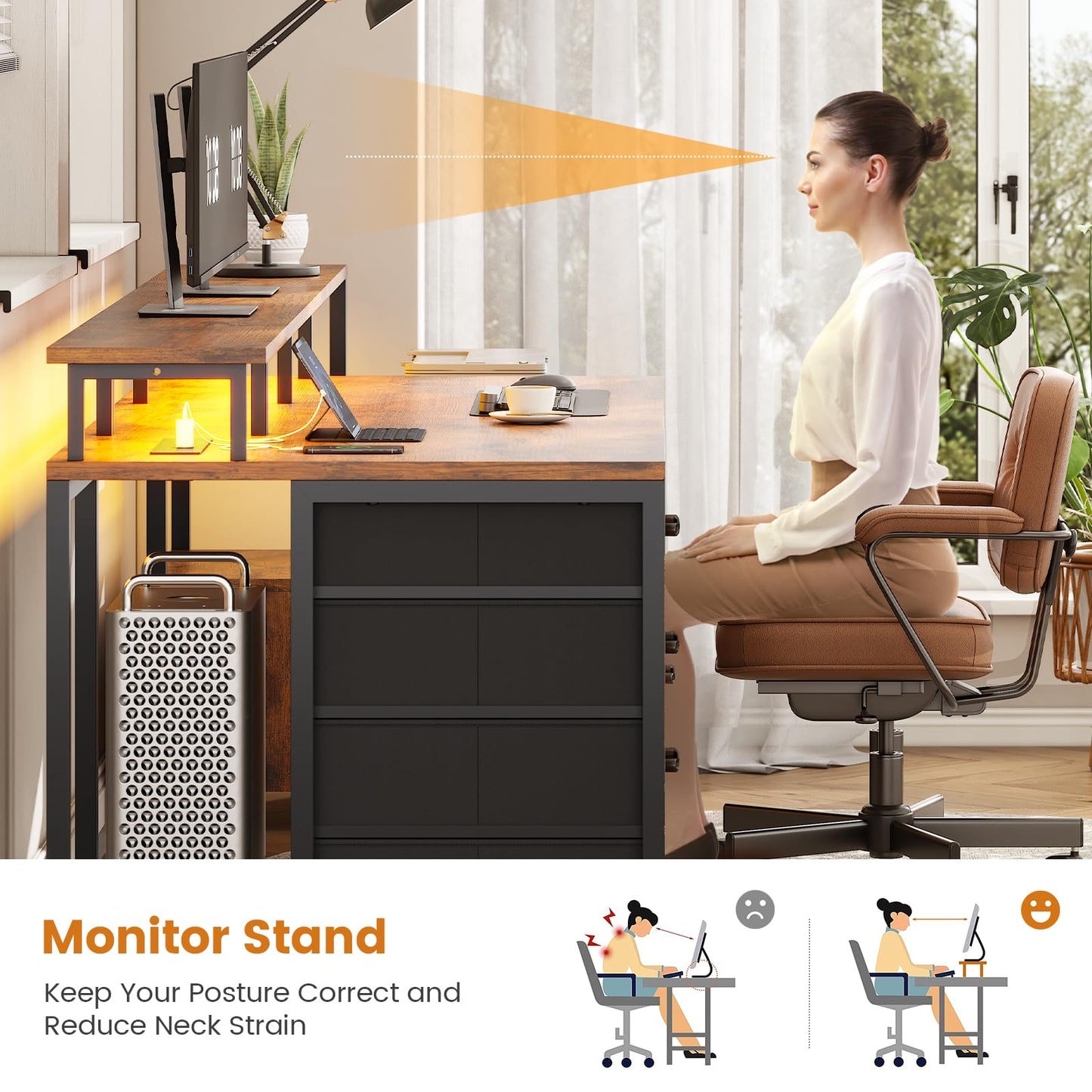 SEDETA Home Office Desk with File Drawer & Power Outlet, 66'' Computer Desk with 5 Drawer, Storage Shelves, Printer Cabinet and Monitor Shelf, Gaming Desk with Led Lights, Rustic Brown