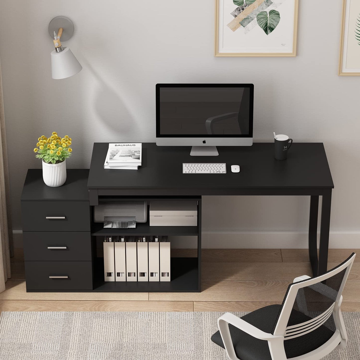 Homsee Home Office Computer Desk Corner Desk with 3 Drawers, 2 Shelves & 2 Doors, 55 Inch Large L-Shaped Study Writing Table with Storage Cabinet, Black & Brown