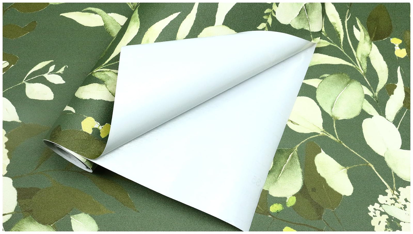 HAOKHOME Peel and Stick Wallpaper Boho Green/White Eucalyptus Leaf Floral Wall Mural Home Nursery Decor Renter Friendly Wallpaper 17.3in x 9.8ft