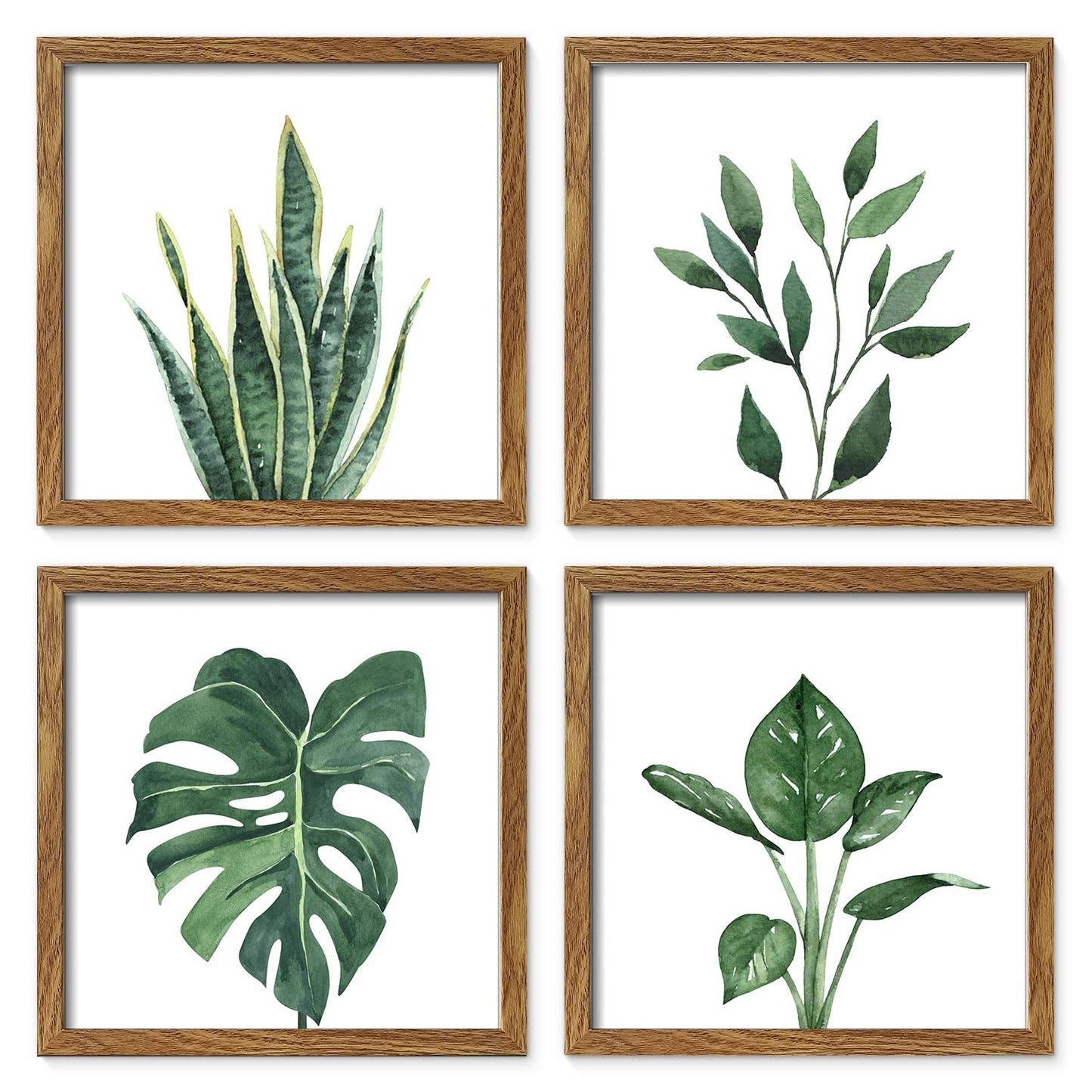 ArtbyHannah Framed Bathroom Wall Decor, 10x10 Inch Botanical Wall Art with Sage Green Plant Print for Wall Decoration, Minimalist Restroom Decor (Walnut)