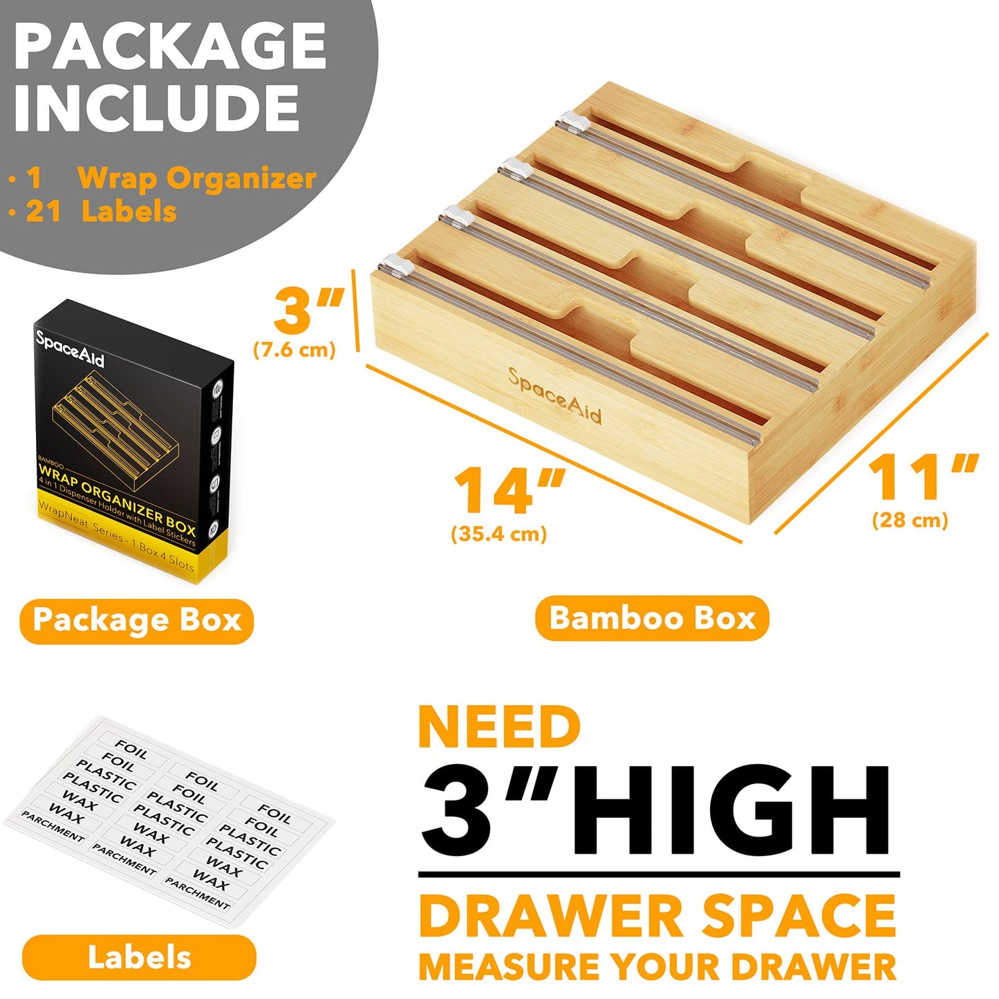 SpaceAid WrapNeat 3 in 1 Wrap Organizer with Cutter and Labels, Plastic Wrap, Aluminum Foil and Wax Bamboo Dispenser for Kitchen Storage Organization Holder for 12" Roll (Natural)