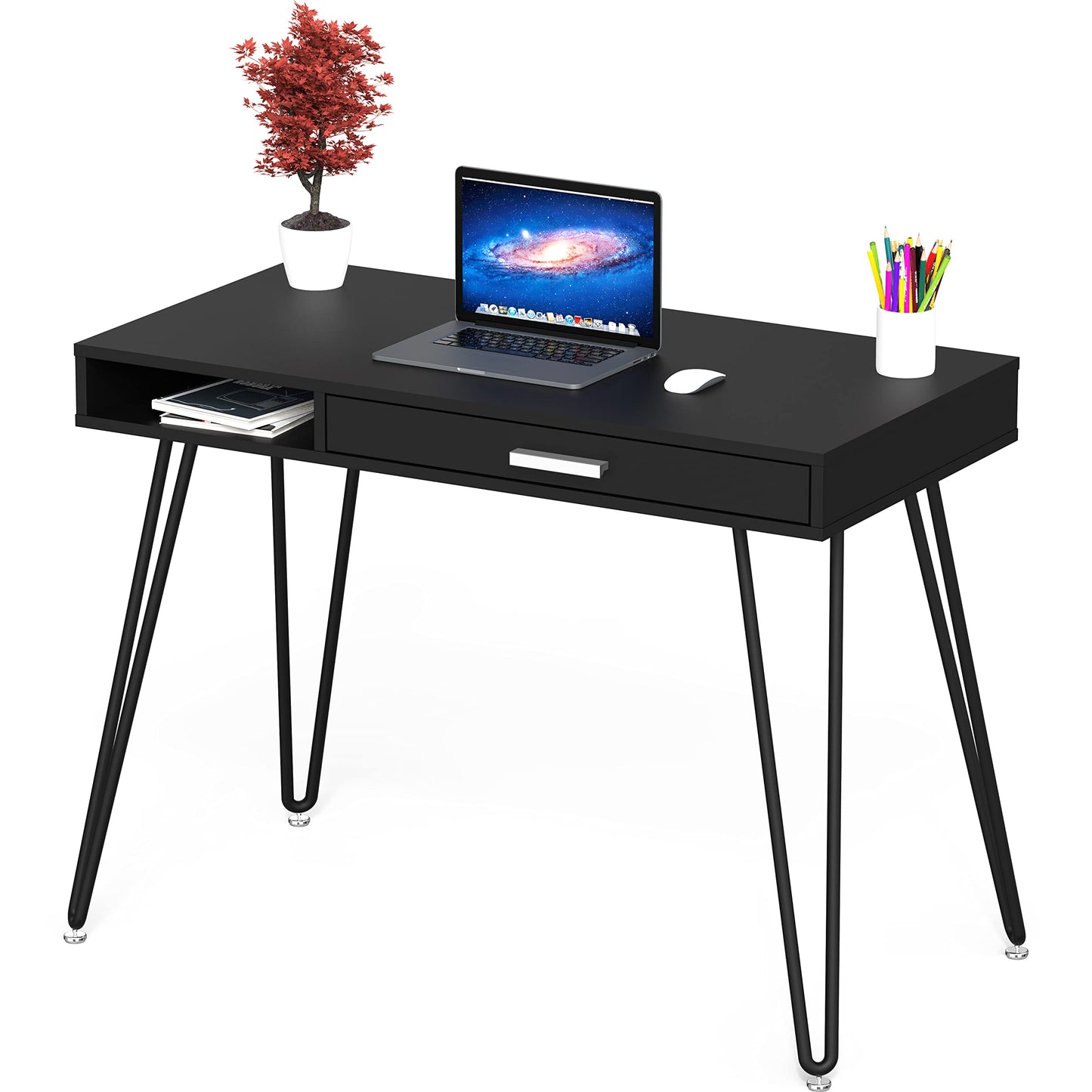 SHW Home Office Computer Hairpin Leg Desk with Drawer, Rustic Brown