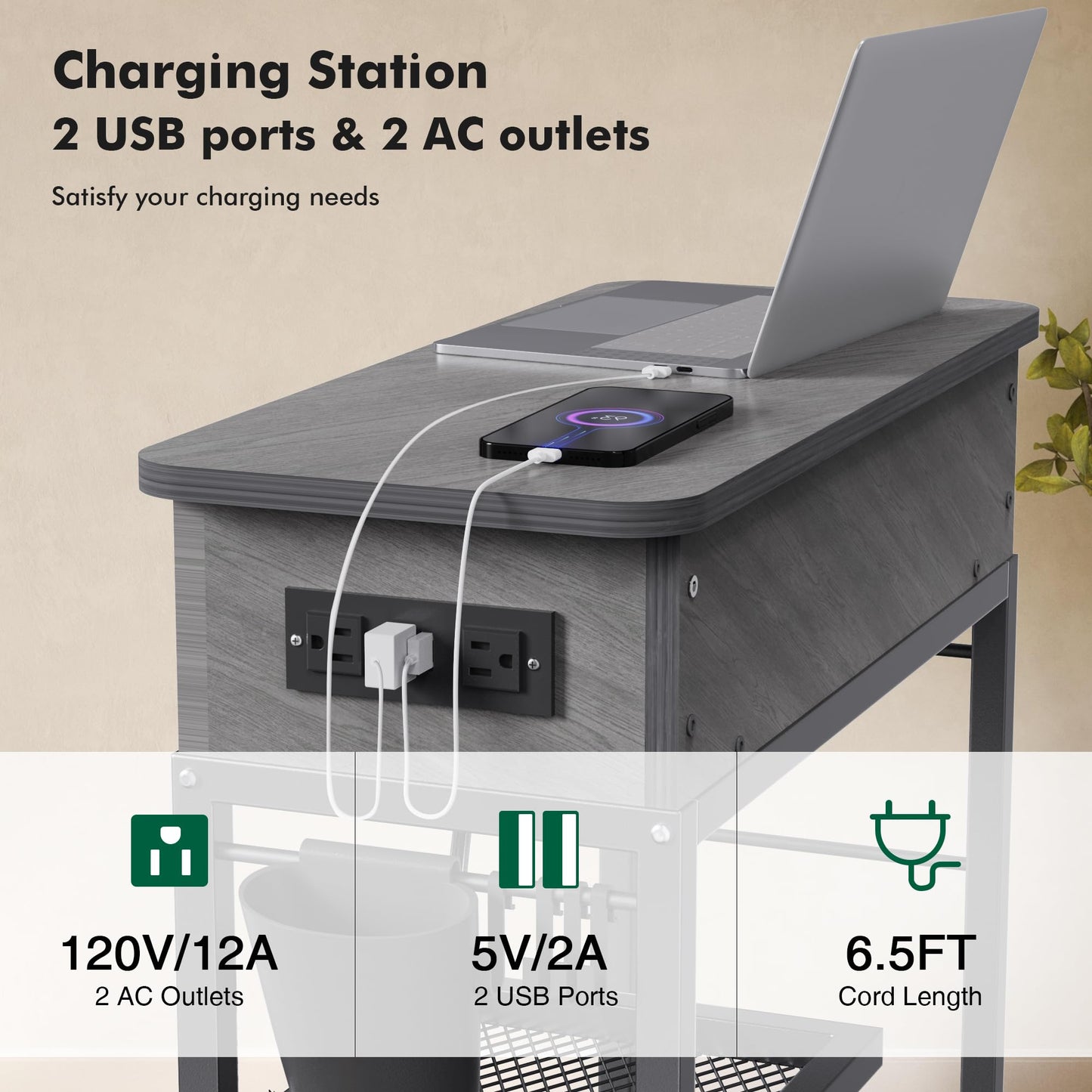 Colima Lift Top End Table with Charging Station and Wheels, Sofa Side Table with USB port
