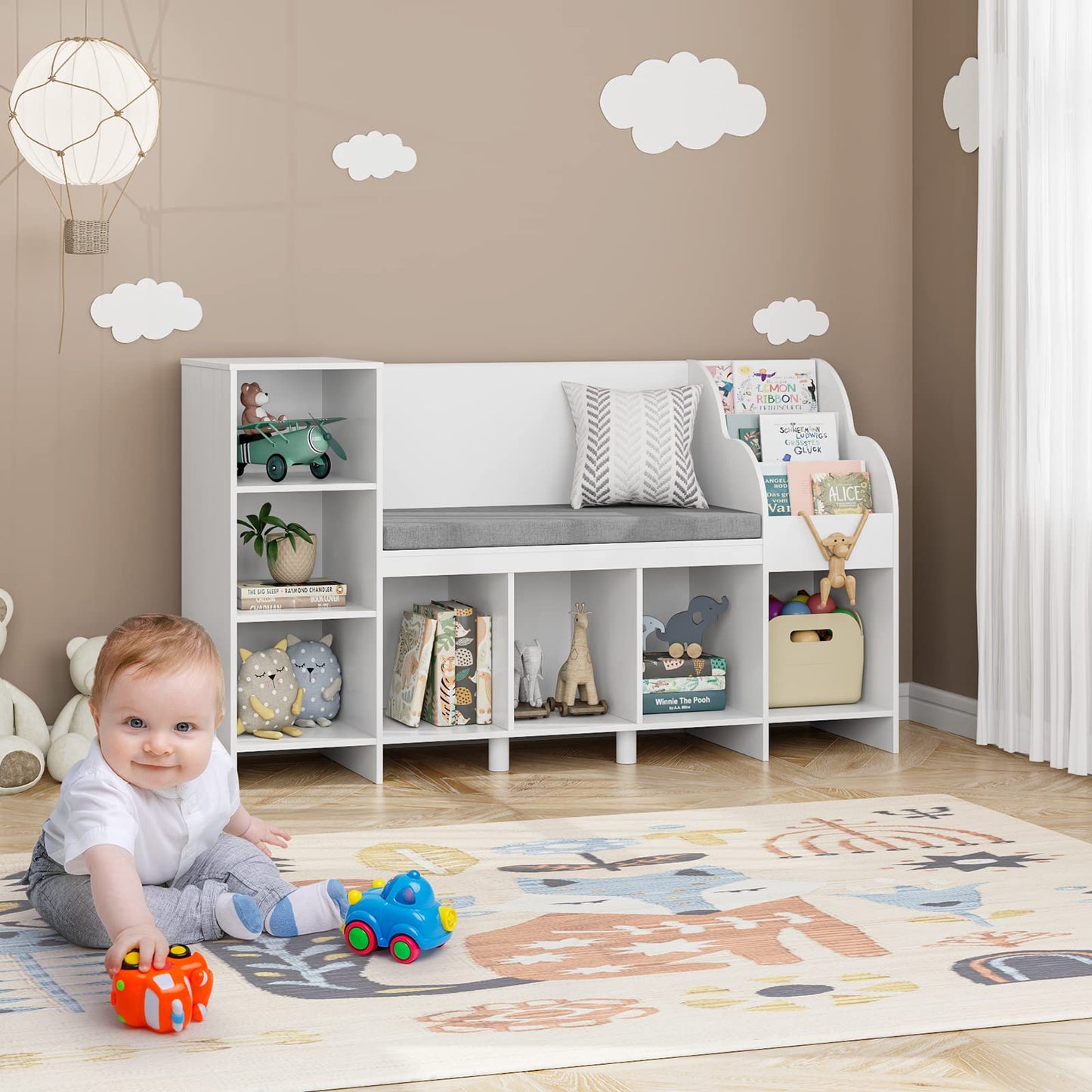 HOUSUIT 55" Kids Bookshelf with Reading Nook, Bookcase with Seat Cushion and Storage Cubbies, Kids Reading Nook with Adjustable Shelf, Toy Organizers and Storage with Bench for Playroom, White