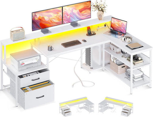 ODK L Shaped Desk with File Drawer, 75" Reversible L Shaped Computer Desk with Power Outlet & LED Strip, Office Desk with Storage Shelves, Gaming Desks with Monitor Shelf, Corner Table, Grey Oak