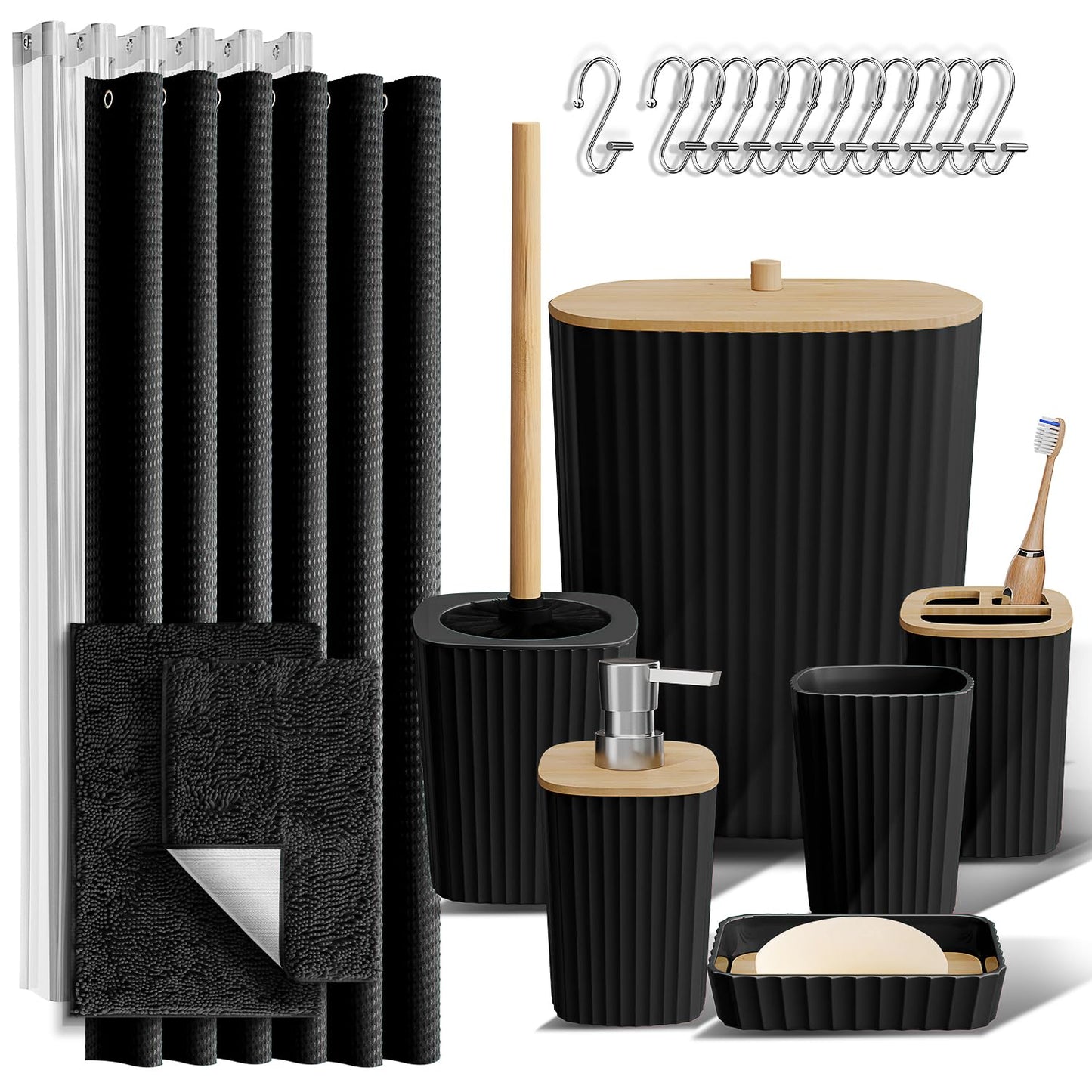 Clara Clark Bathroom Accessories Set - Bathroom Set, 20PC Bathroom Accessory Set, Black Shower Curtain Set, Toilet Brush, Trash Can & Soap Dispenser