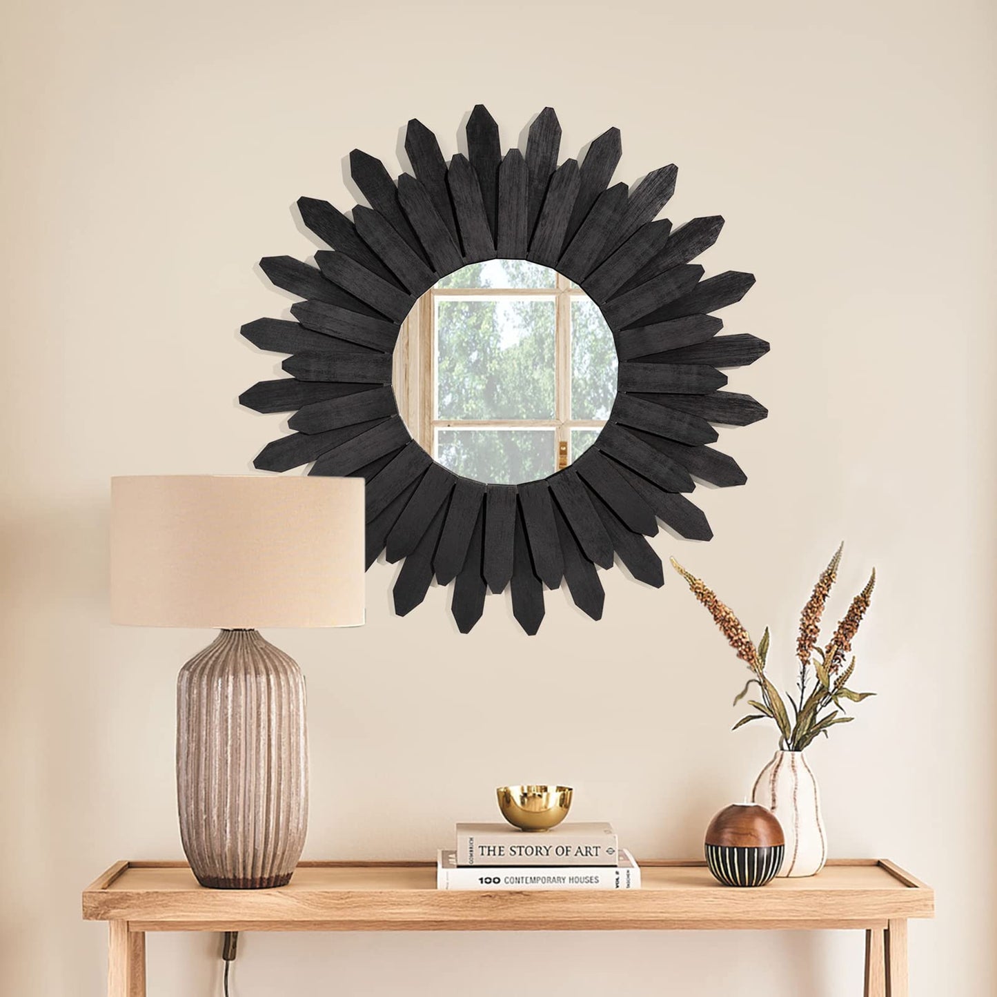 Honiway Wall Mirror Decorative 12 inch Rustic Wood Mirror Sunburst Boho Mirror for Entryway Bedroom Living Room Bathroom House Warming Gifts New Home Essential Carbonized Black