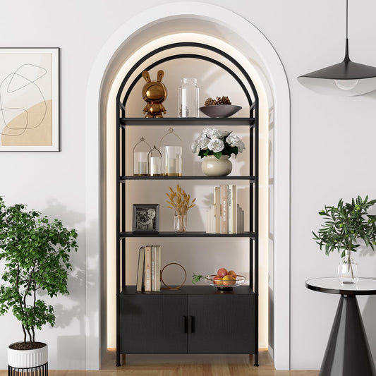 Arched Bookshelf, Bookcase with Doors Storage, 71 Inches Tall Industrial Book Shelf with Sturdy Metal Frame, E1 Quality Boards, Freestanding Display Shelving Unit, Black