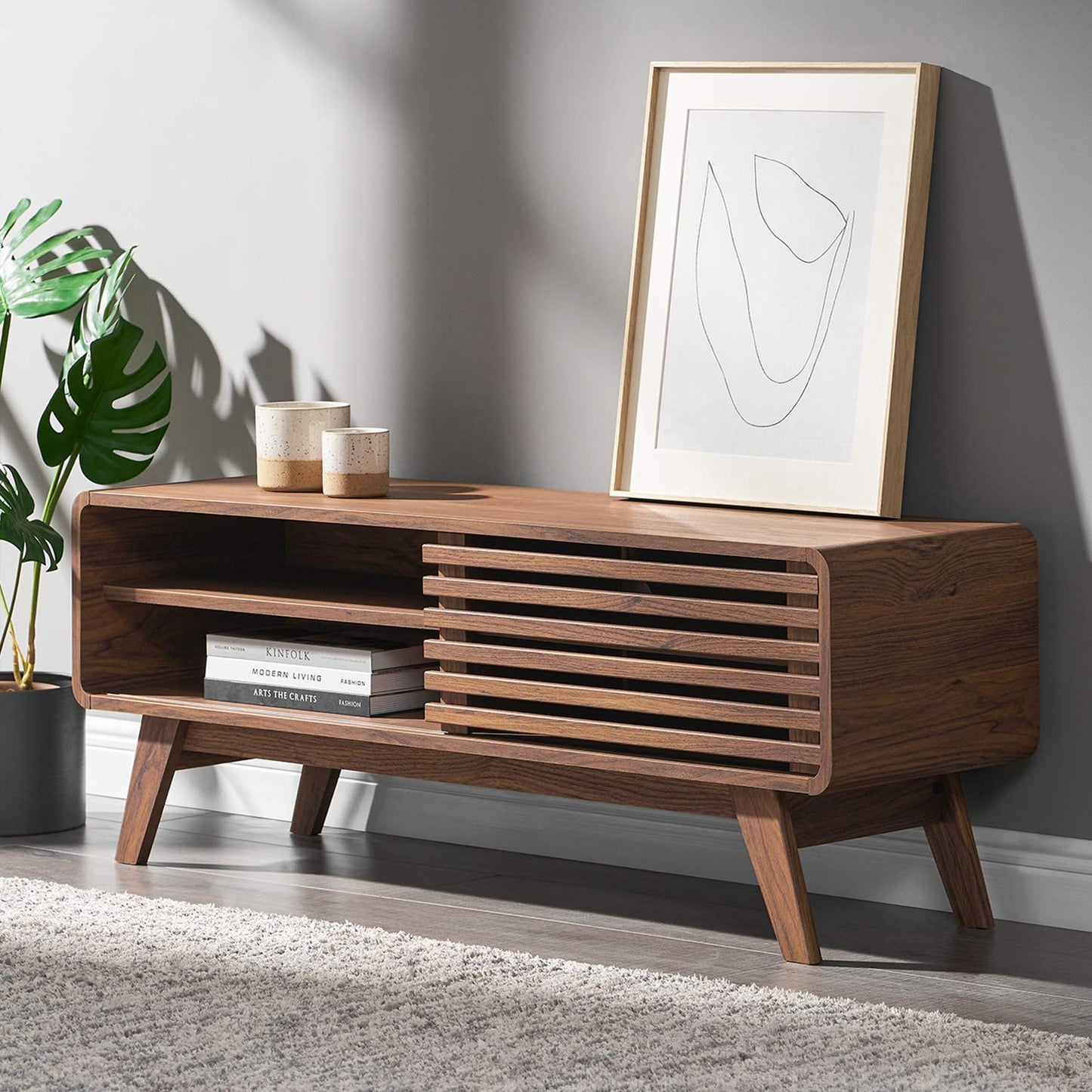 mopio Ensley TV Stand, Mid Century Modern for 55/60/65 inch TV, Farmhouse TV Stand, Entertainment Center (Walnut, 59" Tall)