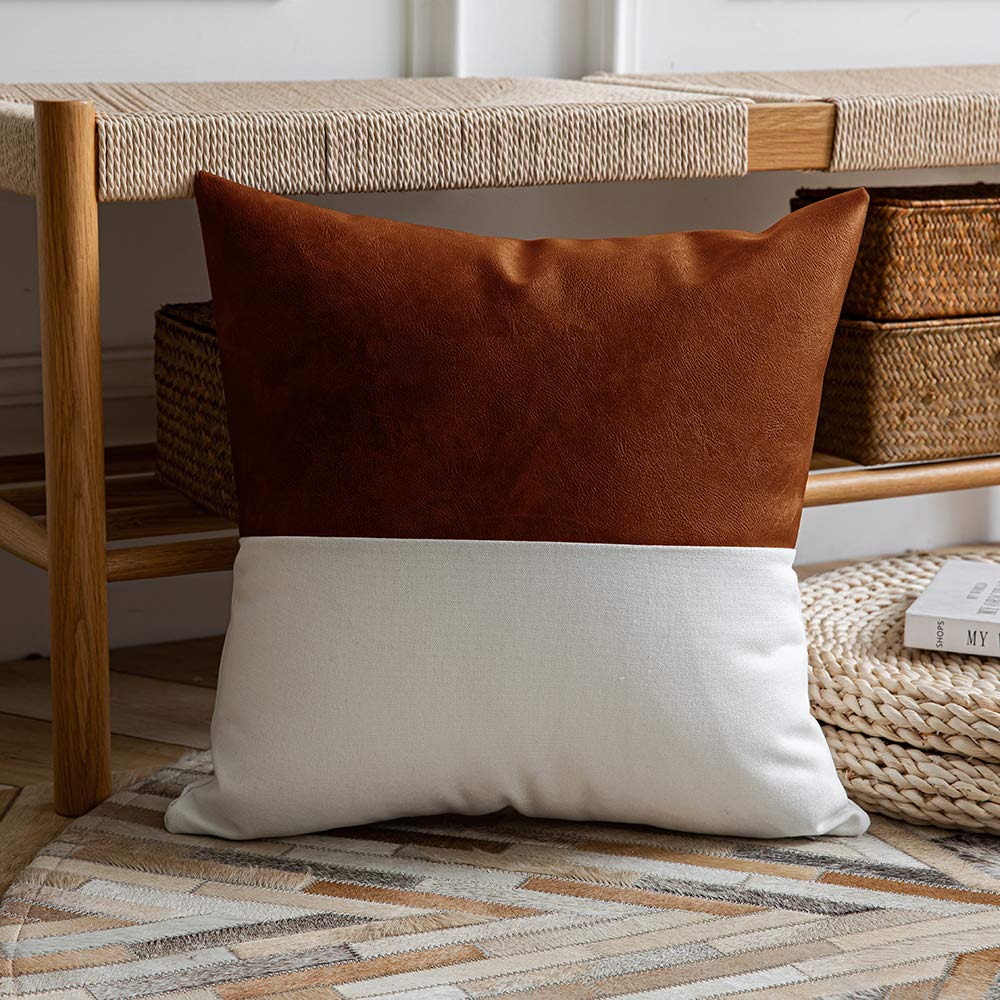 DEZENE Leather Throw Pillow Covers, Set of 2 Modern Leather/Cotton Decorative Pillowcases for Home Decor