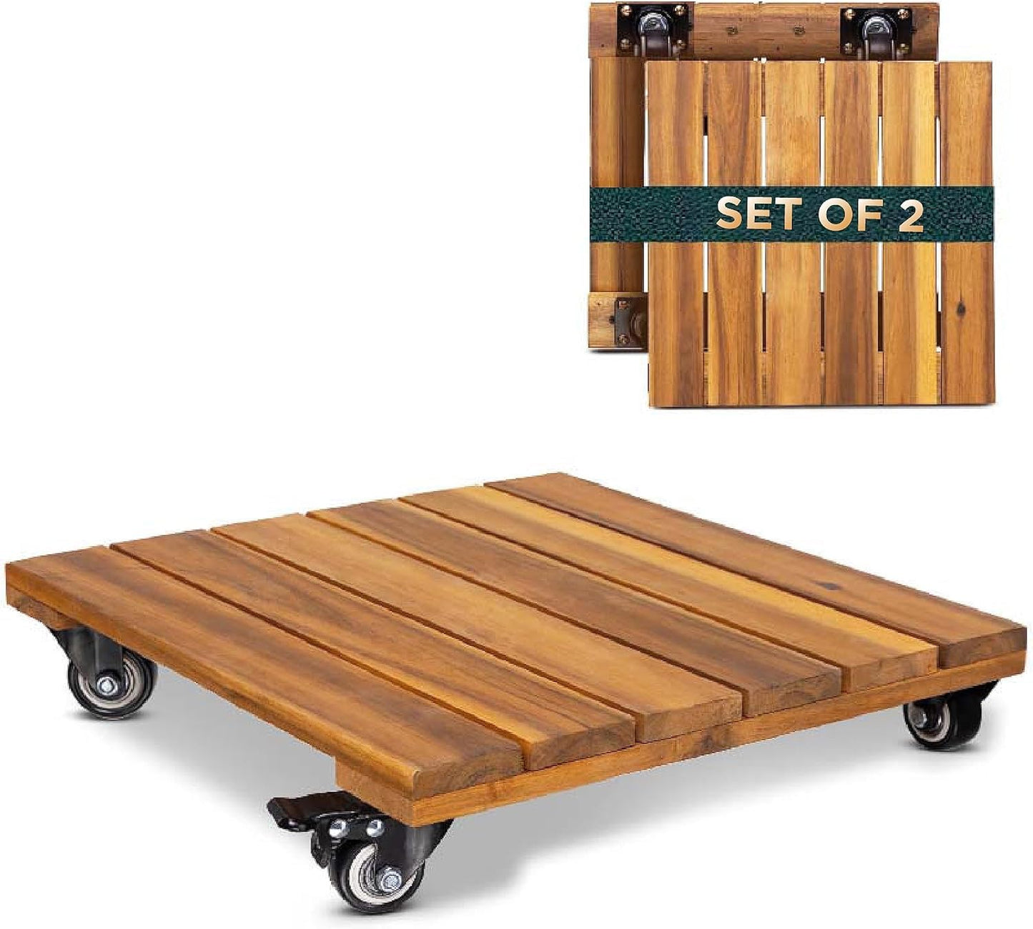 2pack Wood Plant Caddy With Wheels Heavy Duty Red Brown, 264 Lbs Capacity, 12 Inch Acacia Hardwood Plant Dolly, Plant Stand with 360° Lockable Wheels for Plant Pots, Heavy Objects Hauling
