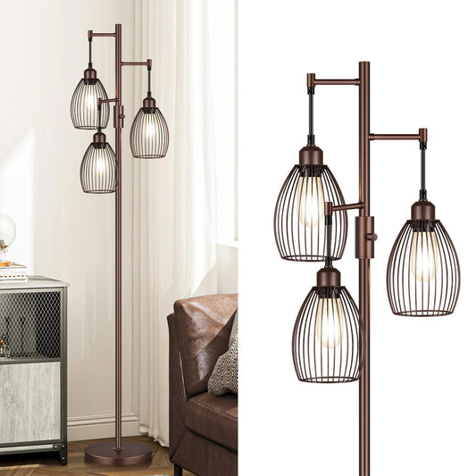 Dimmable Industrial Floor Lamps for Living Room, Gold Tree Standing Tall Lamps with 3 Elegant Teardrop Cage Head & 800 Lumens LED Bulbs